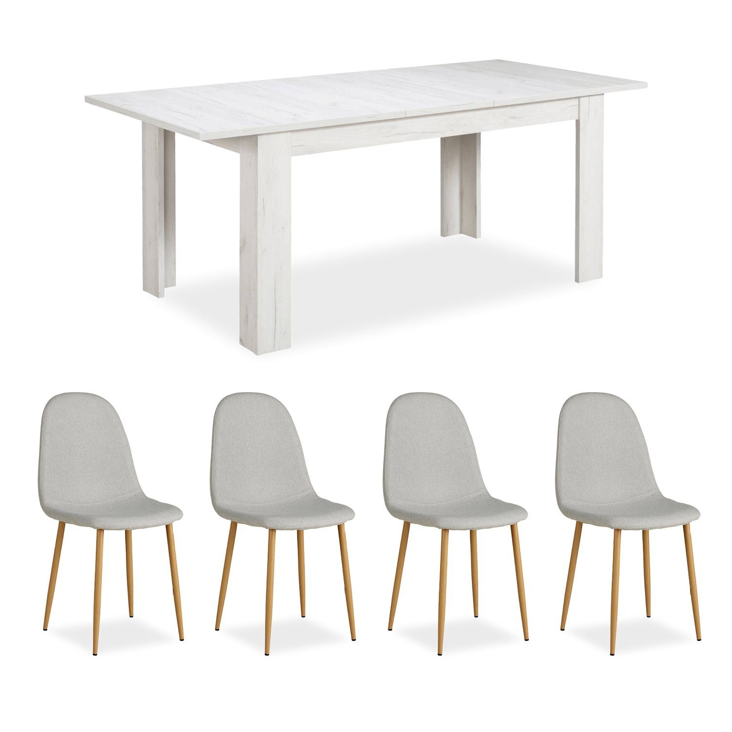 Homestyle4u Essgruppe Esstisch 90x160 bis 90x200 erweiterbar mit 4 Stühle beige Holz Weiß, (Set, Tisch mit 4 Stühlen, 5-tlg., Esszimmergruppe 5 teilig, Set/Komplettset), Polsterstuhl Leinen, Küchentisch ausziehbar Sitzgruppe Essstuhl