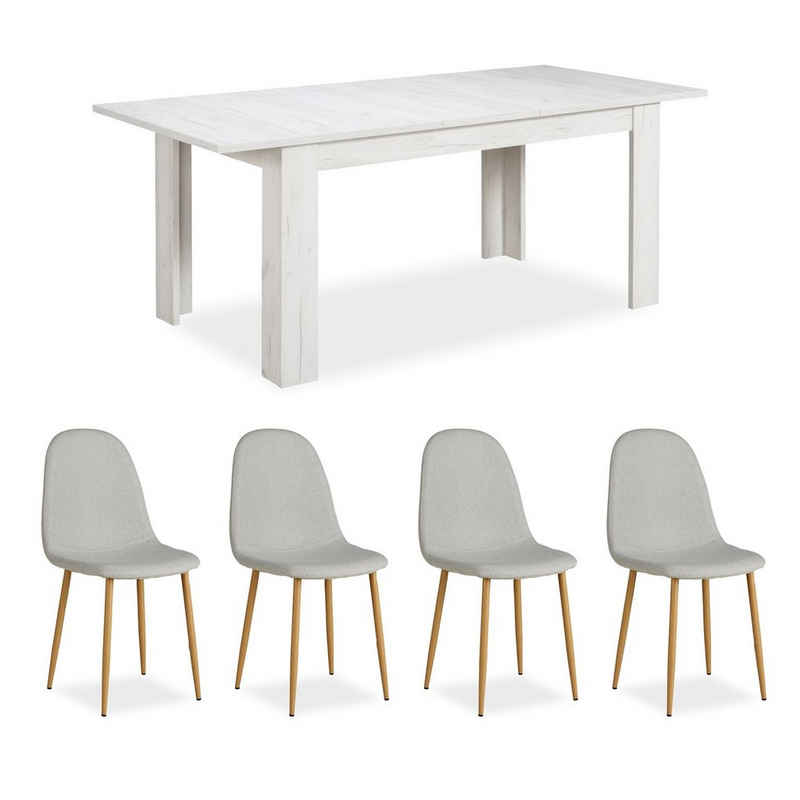 Homestyle4u Essgruppe Tisch mit 4 Stühlen Esstisch ausziehbar 160 bis 200 cm Holztisch weiß, (Komplett-Set, 5-tlg)