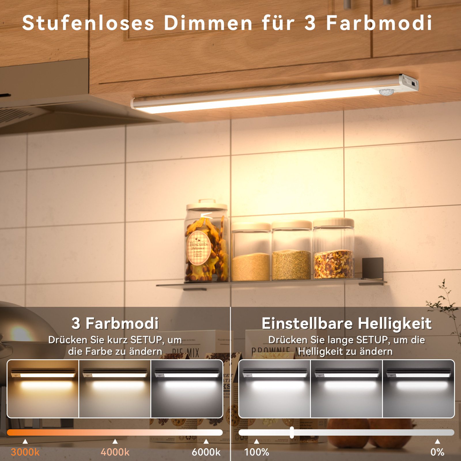 Lujasi LED Unterbauleuchte Kabellose Unterbauleuchte mit Bewegungsmelder 40 cm, 3000-6000K, unterbauleuchte, 150 LEDS, Bewegungsmelder LED Licht, KaltweiB, NeutralweiB, WarmweiB, 3000mAh, USB-C wiederaufladbar, Dimmbar kabellos Nachtlicht