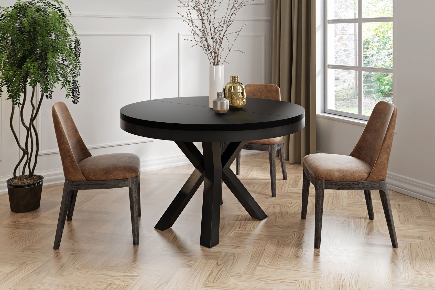 WFL GROUP Esstisch Clara im Loft-Stil rund ausziehbar mit schwarzen Metallb günstig online kaufen