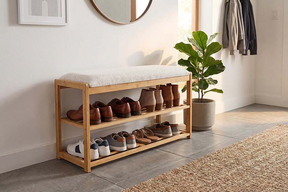 riess-ambiente Schuhbank ZEN-BO 80cm natur/beige - Bambus, FSC, Regal, Sitzbank, viel Stauraum (Einzelartikel, 1-St), Gepolsterte Garderobenbank aus Massivholz - ideal für Eingangsbereich
