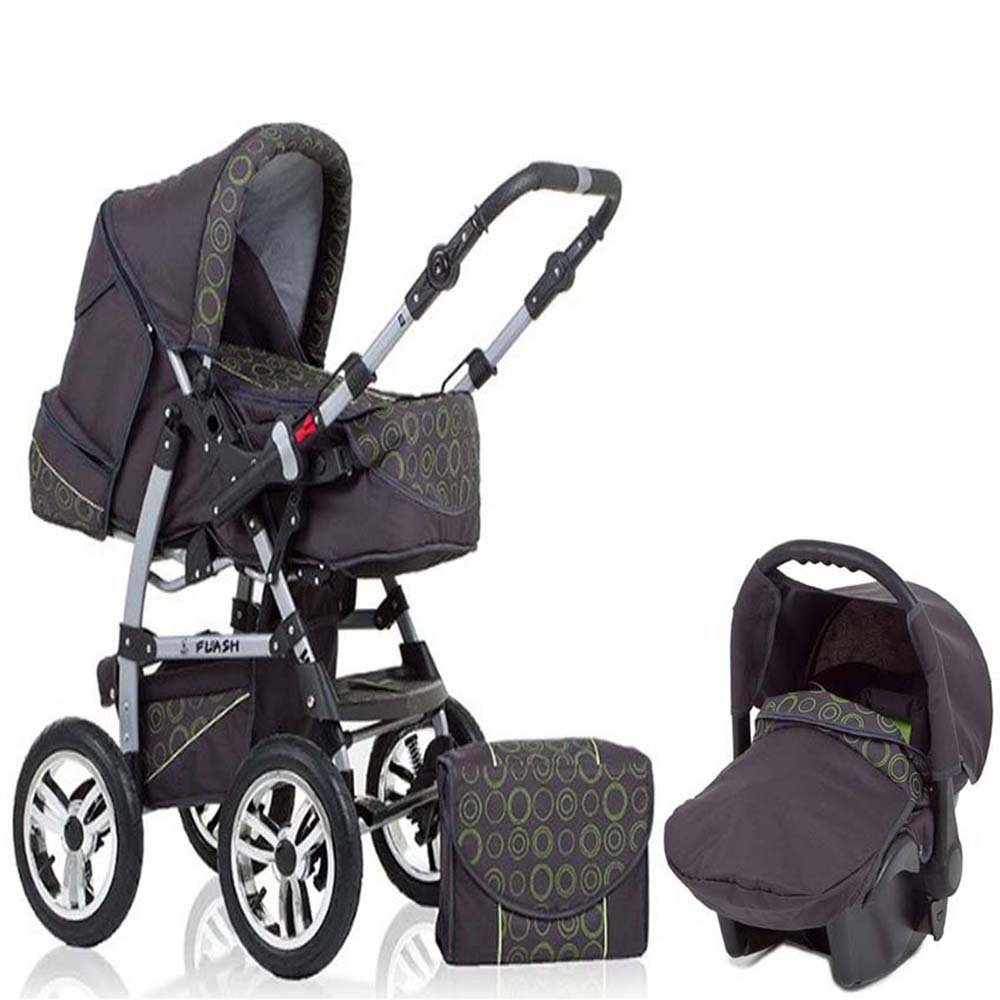 in - 3 Farben Autositz Kombi-Kinderwagen - Flash Kinderwagen-Set Teile 15 Anthrazit-Grün-Dekor in 1 babies-on-wheels inkl. 18