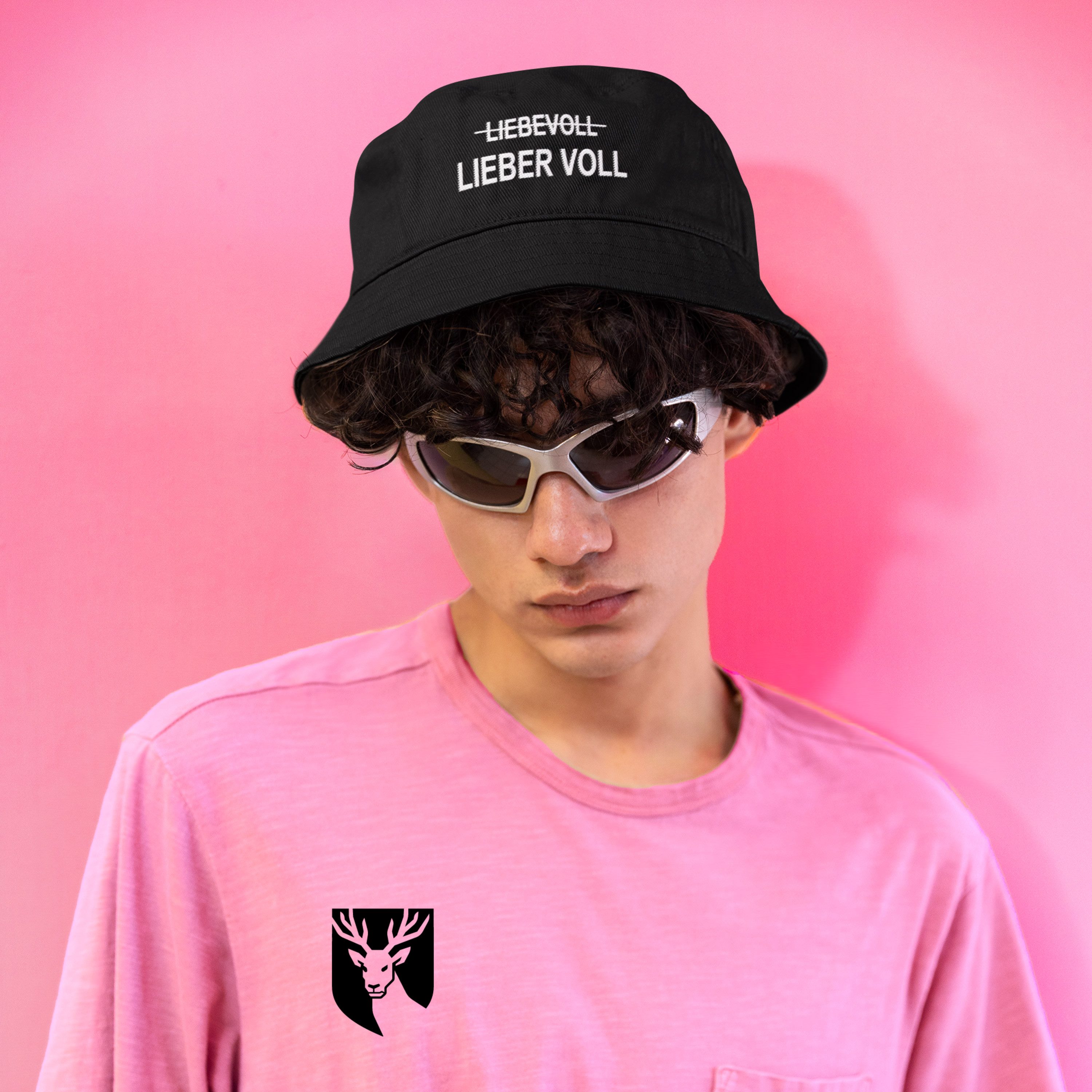 Herzbotschaft Sonnenhut Bucket Hat mit Spruch – LIEBEVOLL Lieber VOLL – Fischerhut, Sonnenhut Druck: LIEBEVOLL durchgestrichen darunter LIEBER VOLL