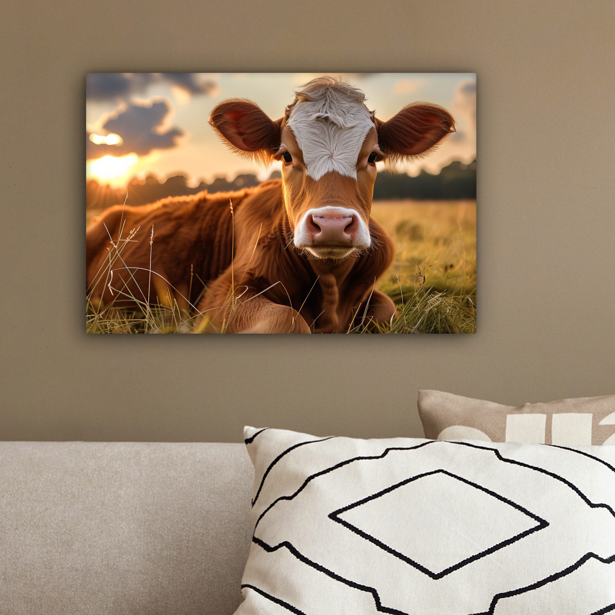 OneMillionCanvasses® Leinwandbild Kuh - Tier - Wiese - Gras - Tiere - Natur, Fotodruck (1 St), Leinwand Bilder Klein, Wand Dekoration Aesthetic 30x20 cm – Bild 4 von 5