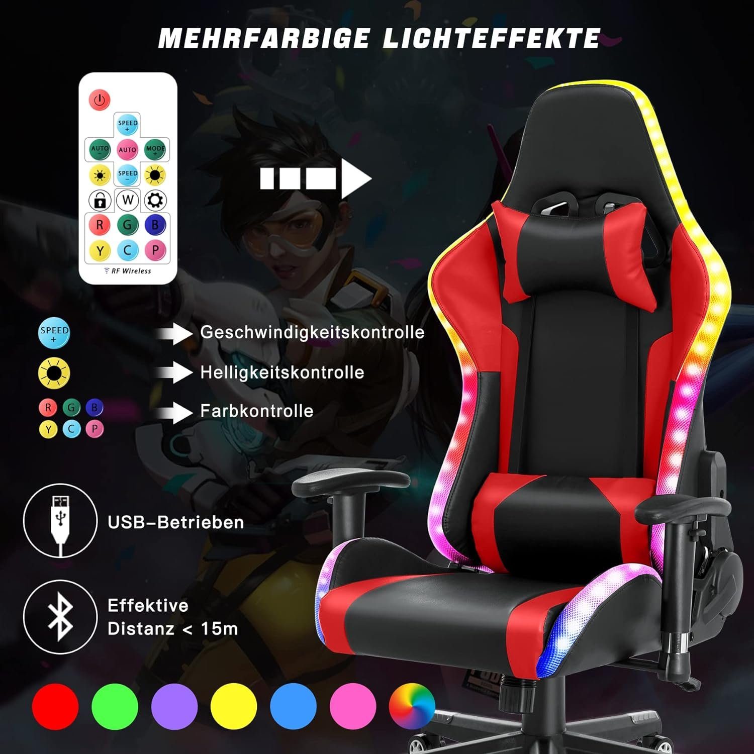Gaming Gaming LED-Leuchten Chair Hoher ergonomischer Noir Lautsprechern Bürostuhl Stuhl Rouge HomeMiYN