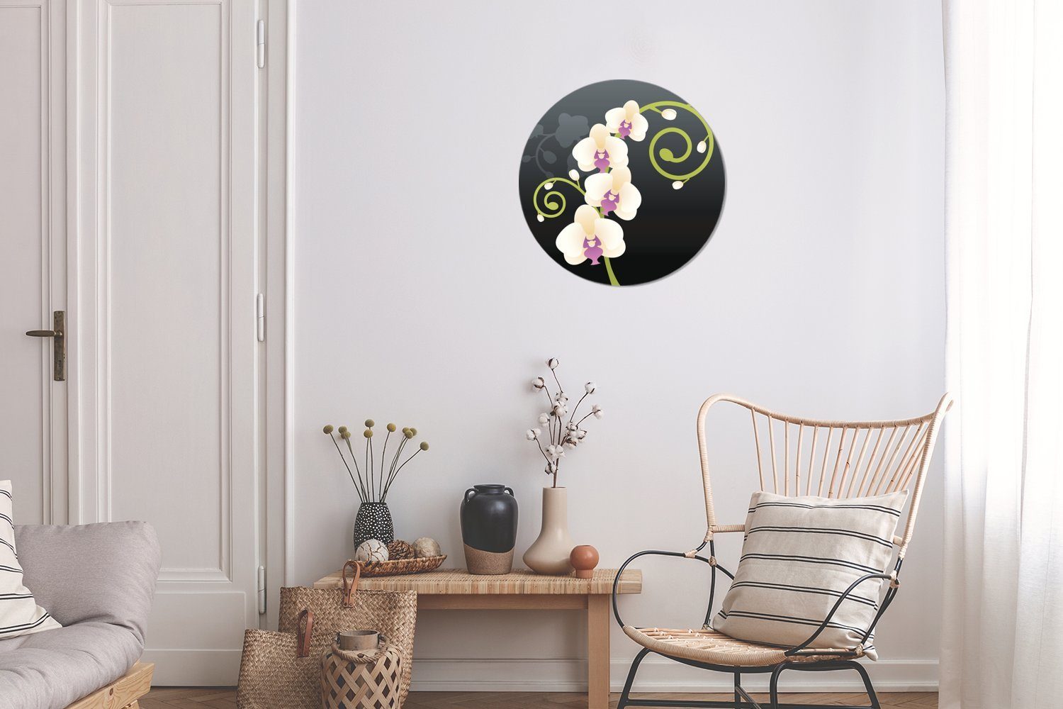 Wandsticker für Orchidee Rund, weißen (1 Illustration Eine Tapetenaufkleber, krausen Kinderzimmer, MuchoWow St), einer Wohnzimmer Tapetenkreis