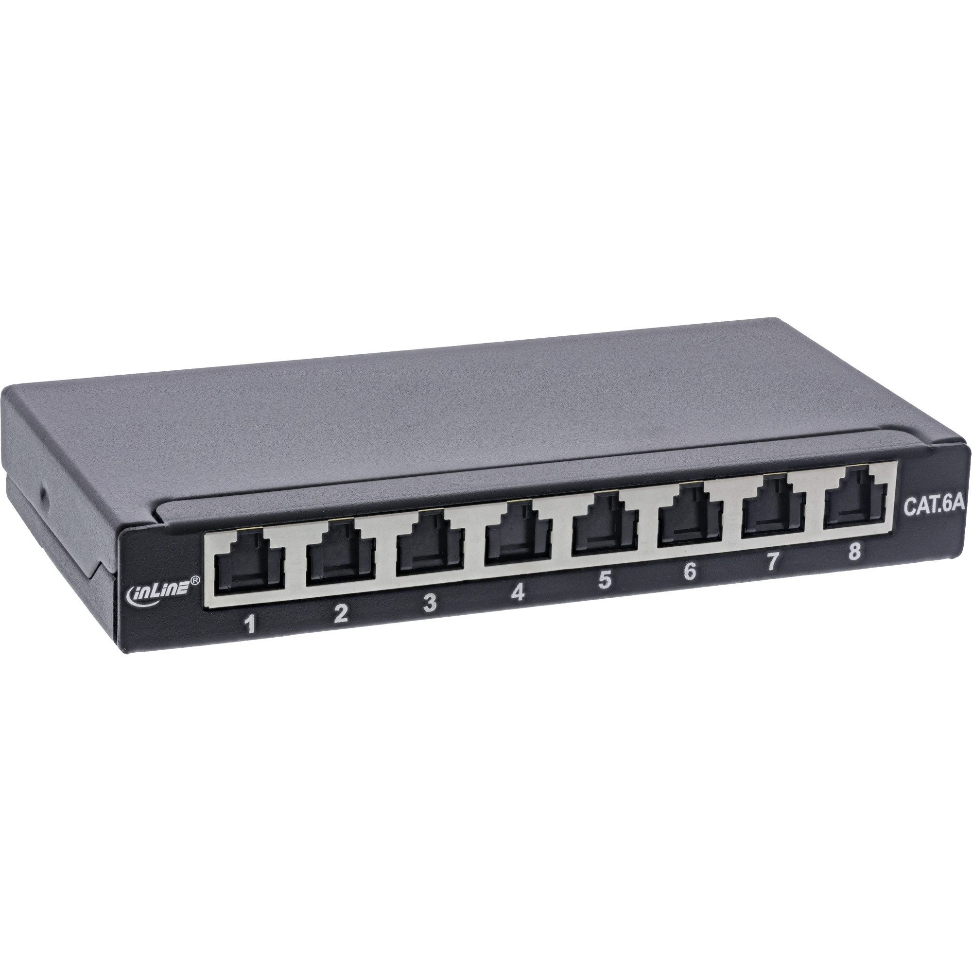 Cat.6A 0,5HE 8-fach, Tisch/Wand/Hutschiene schwarz Staubschutz Netzwerk-Patch-Panel