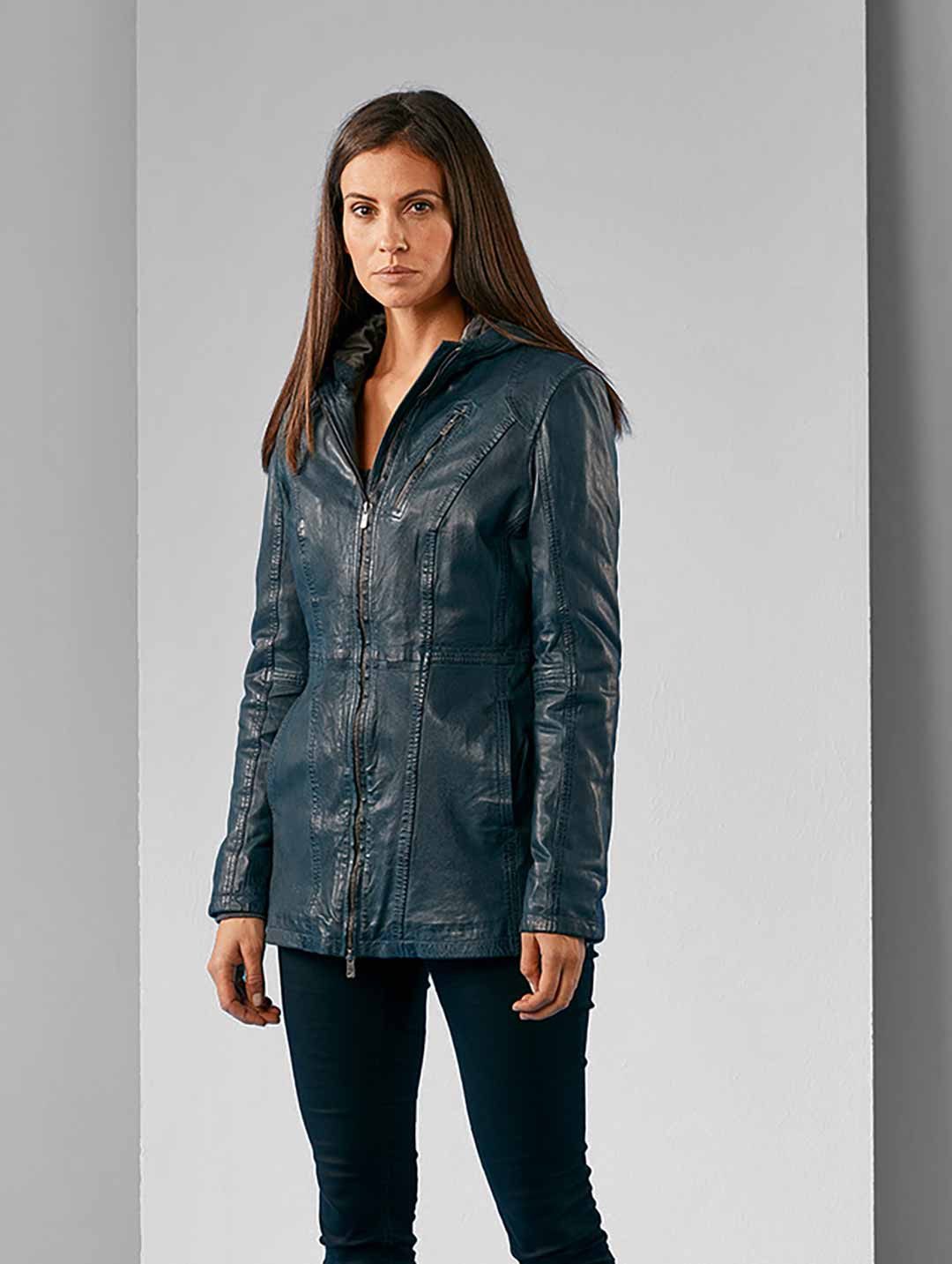 Jilani Lederjacke Katu Jilani - Damen Ledermantel Lammnappa Kapuze dark petrol