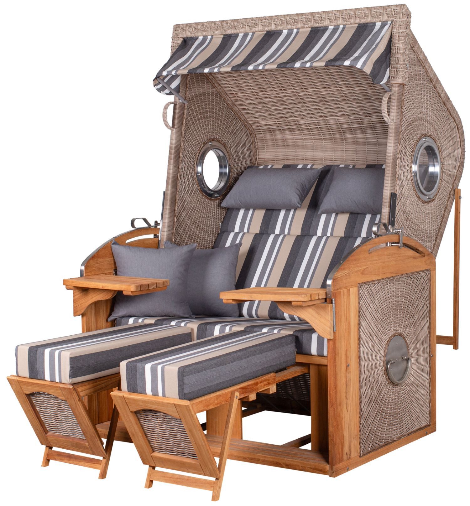 deVries PURE® Strandkorb Sailor XL - PE white kubu - Dessin 158, BxTxH: 135x90x165 cm, Halblieger, Ostsee-Strandkorb, feines Teakholz - inkl. Rückholfeder und Schutzhülle