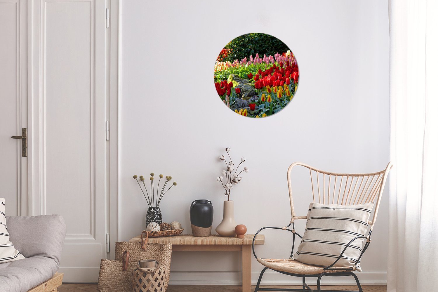 Wanddekoration Bunte Forex, (1 auf Niederlanden, Gemälde Keukenhof MuchoWow St), cm Kreis Tulpen dem Wohnzimmer, Rundes in Wandbild, den 30x30