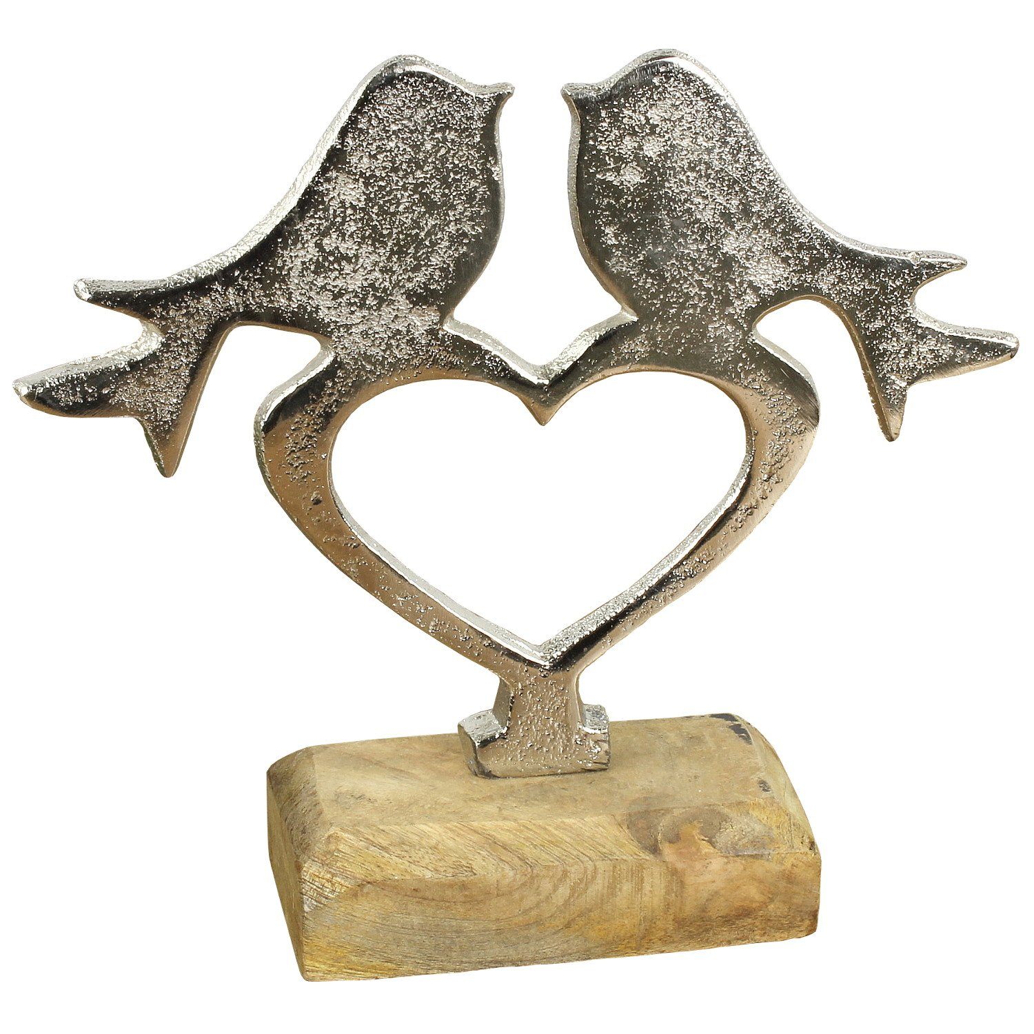 Macosa Home Dekofigur Skulptur Holz Metall Vögel Herz Silber Wohndeko Tiere (19 x 6 x 17 cm), Dekoherz Metallherz Sockel Metallvogel