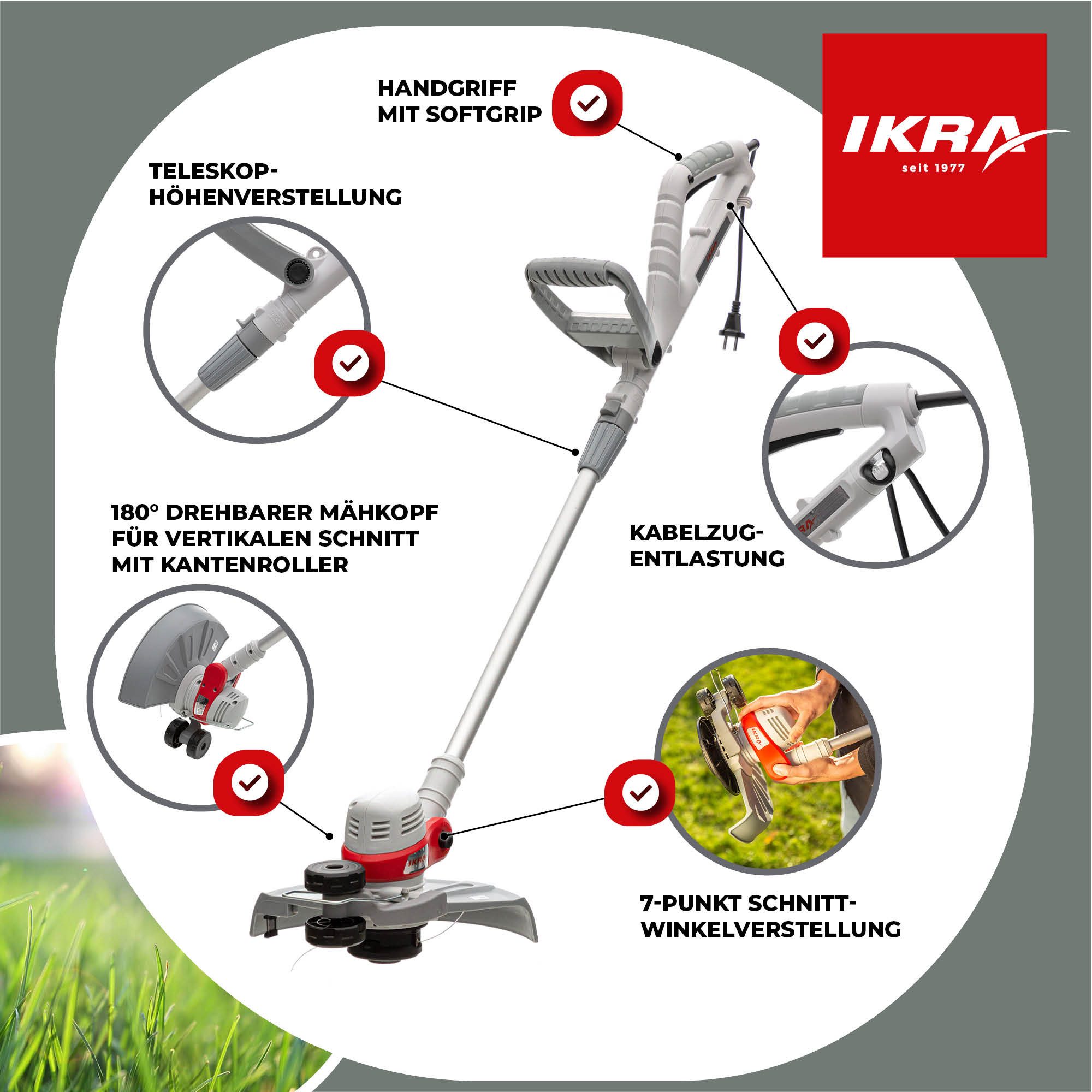 ikra GmbH Elektro-Rasentrimmer IGT 650 D-TC, 25 cm Arbeitsbreite Messer, 30 cm Arbeitsbreite Faden, 650 Watt, höhenverstellbare Teleskopstange, TwinCut