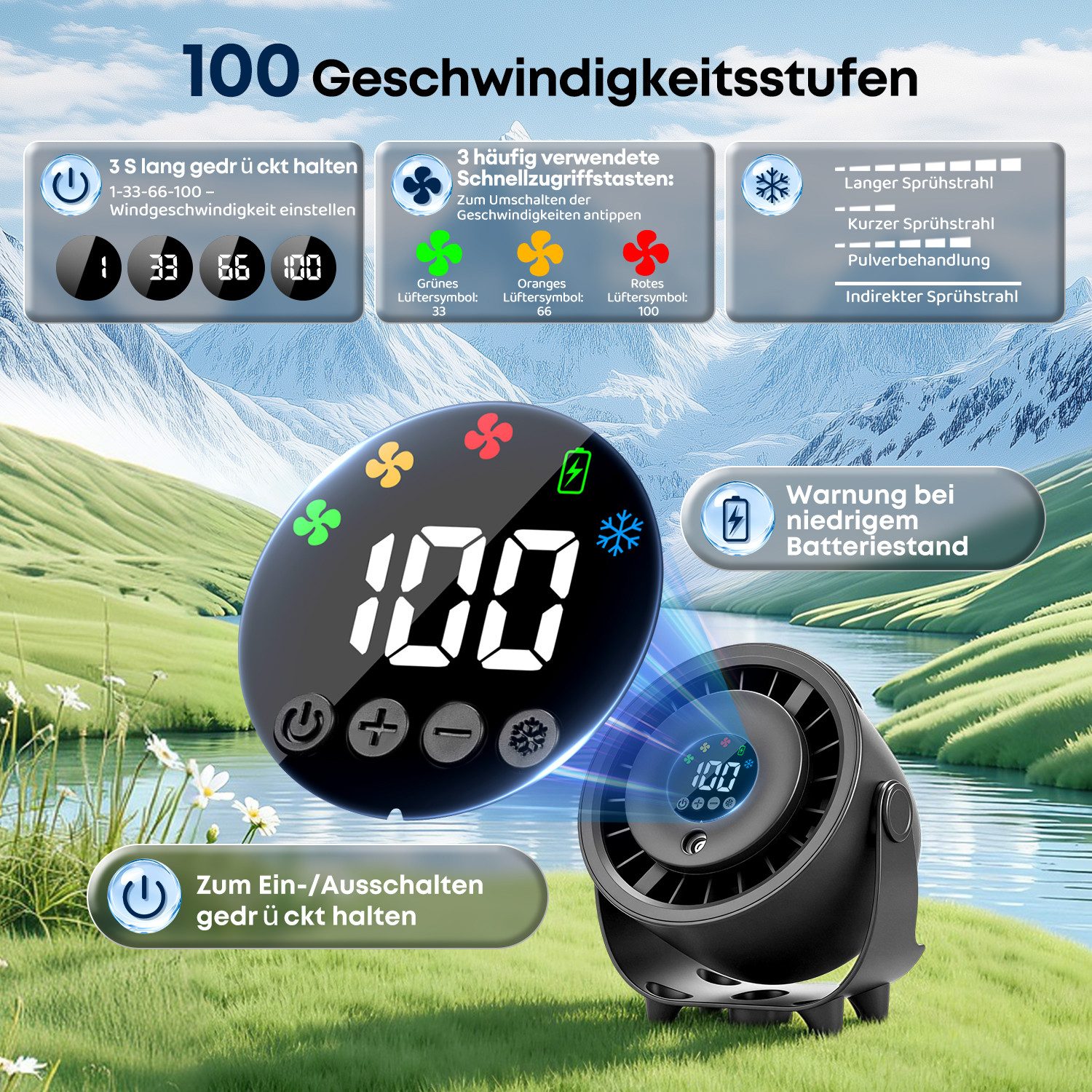 CkeyiN Pro Tischventilator tragbar,leiser Mini-Ventilator,mit Sprühkühlung,30dB, 55ml Tank, 3 Geschwindigkeiten,Wandmontage,mit LED-Anzeige,180° Neigung, für Büro