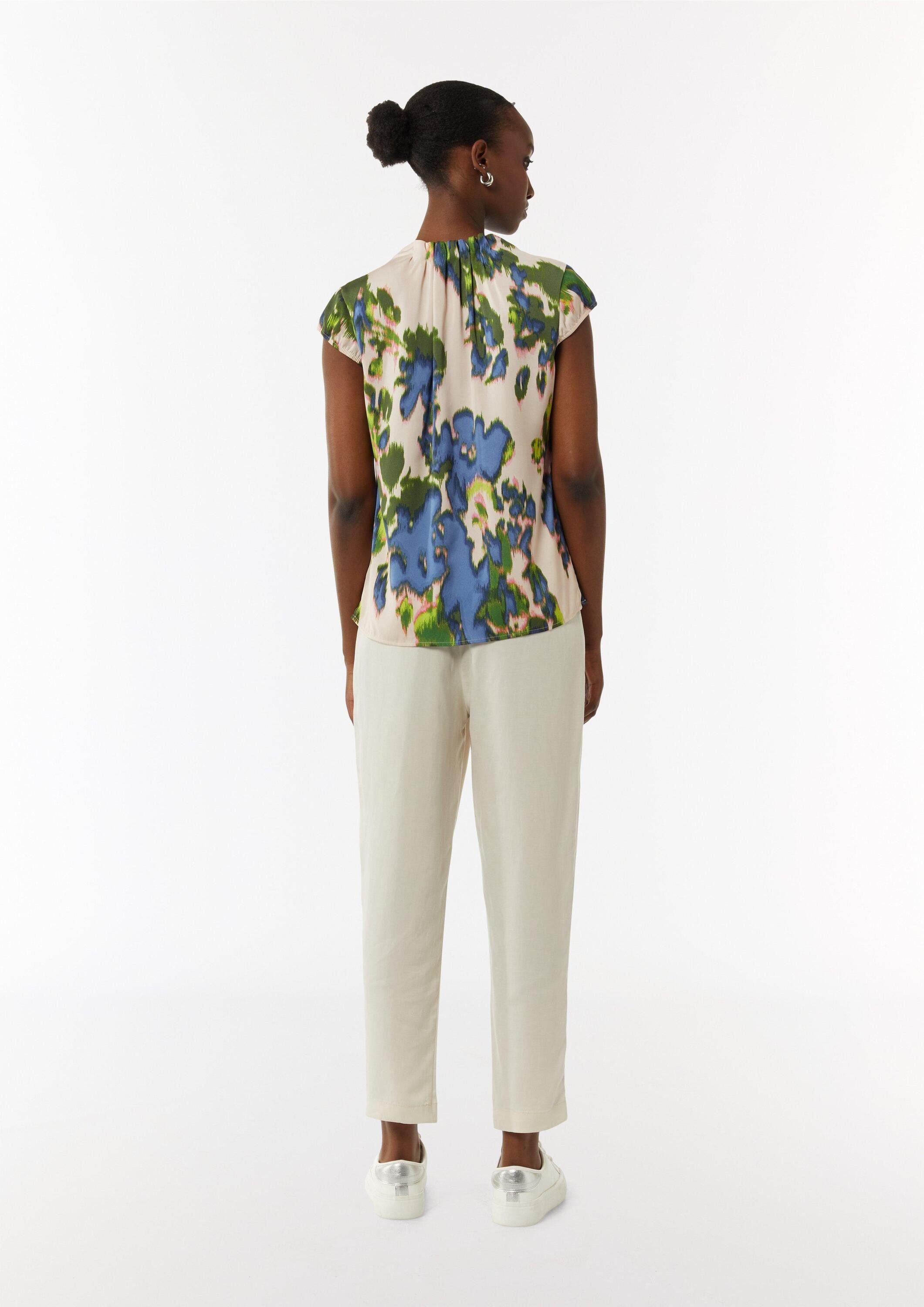comma Kurzarmbluse Bluse Satinierte Bluse mit All-over-Print und Raffung