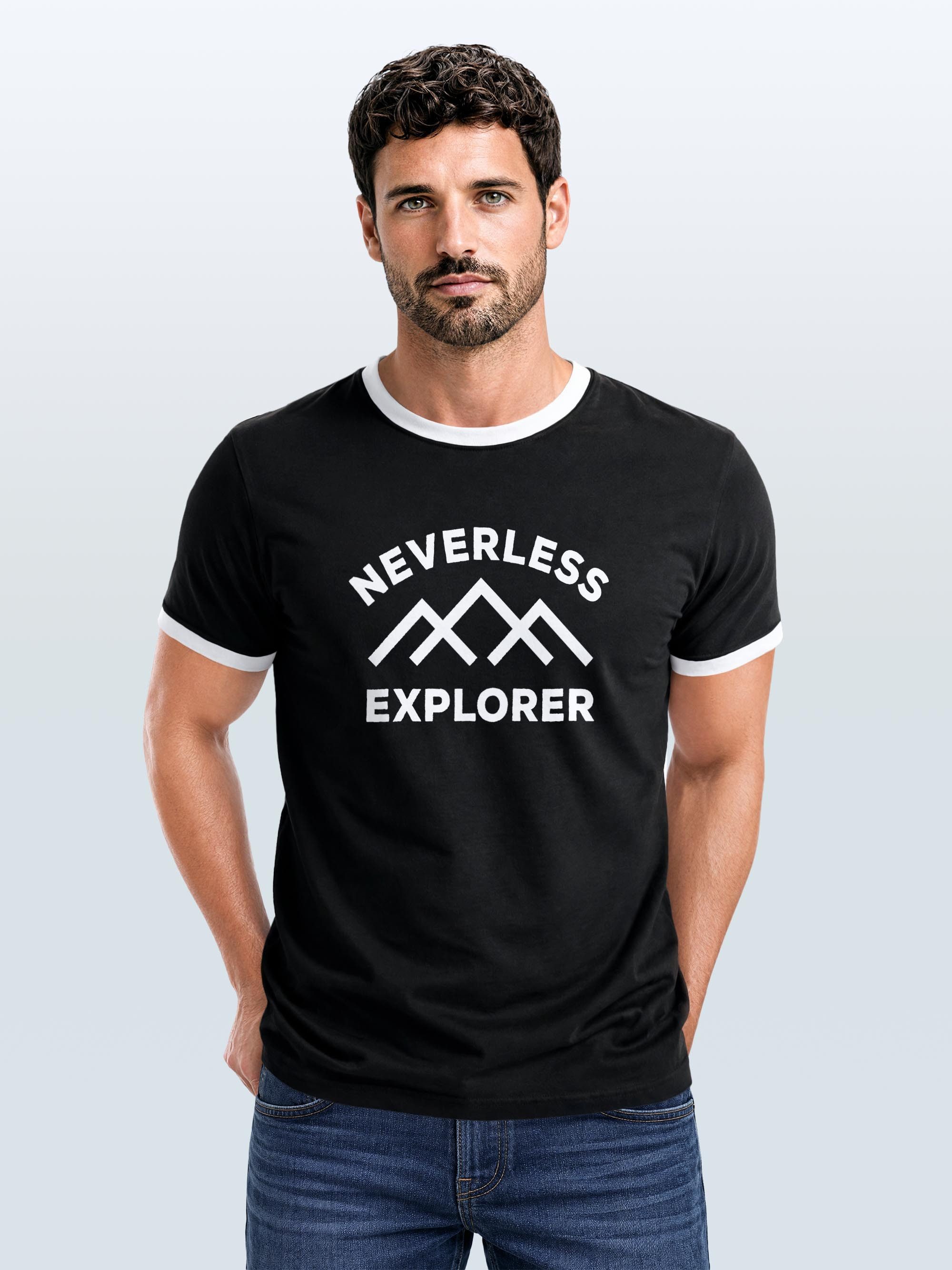 Neverless Print-Shirt Herren T-Shirt Retro Kontrastbund - Design NVLS Explorer - Printshirt mit Print