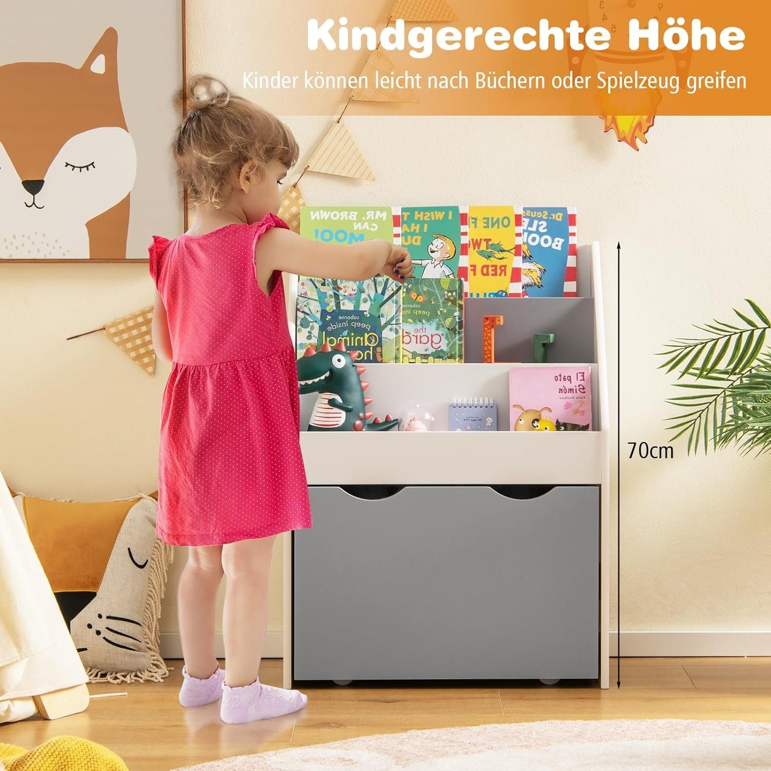KOMFOTTEU Bücherregal Spielzeugregal, mit 4 Universalräder & 3 Fächern