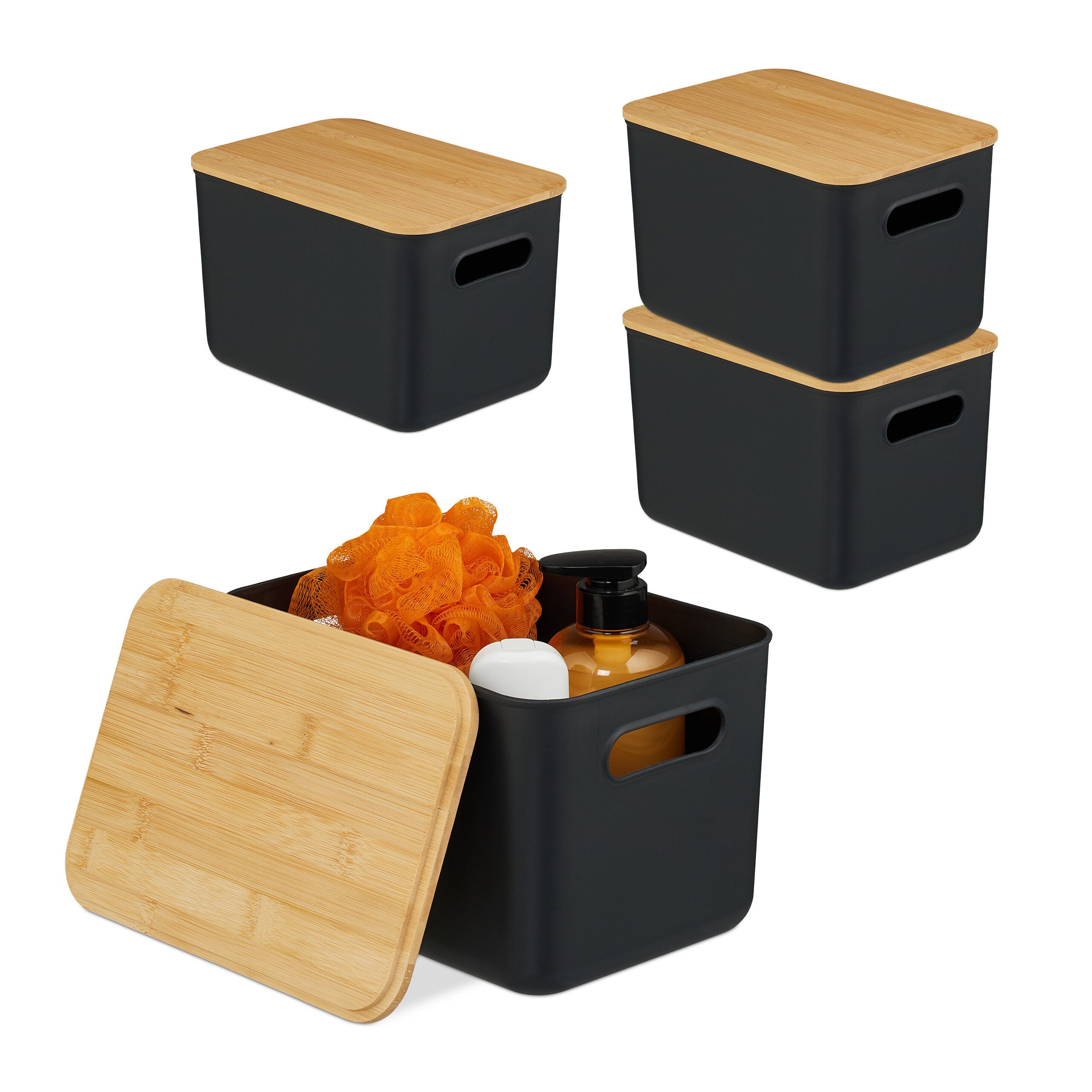 relaxdays Aufbewahrungsbox mit Bambusdeckel im Set (4 St), schwarz, 4er-Pack S