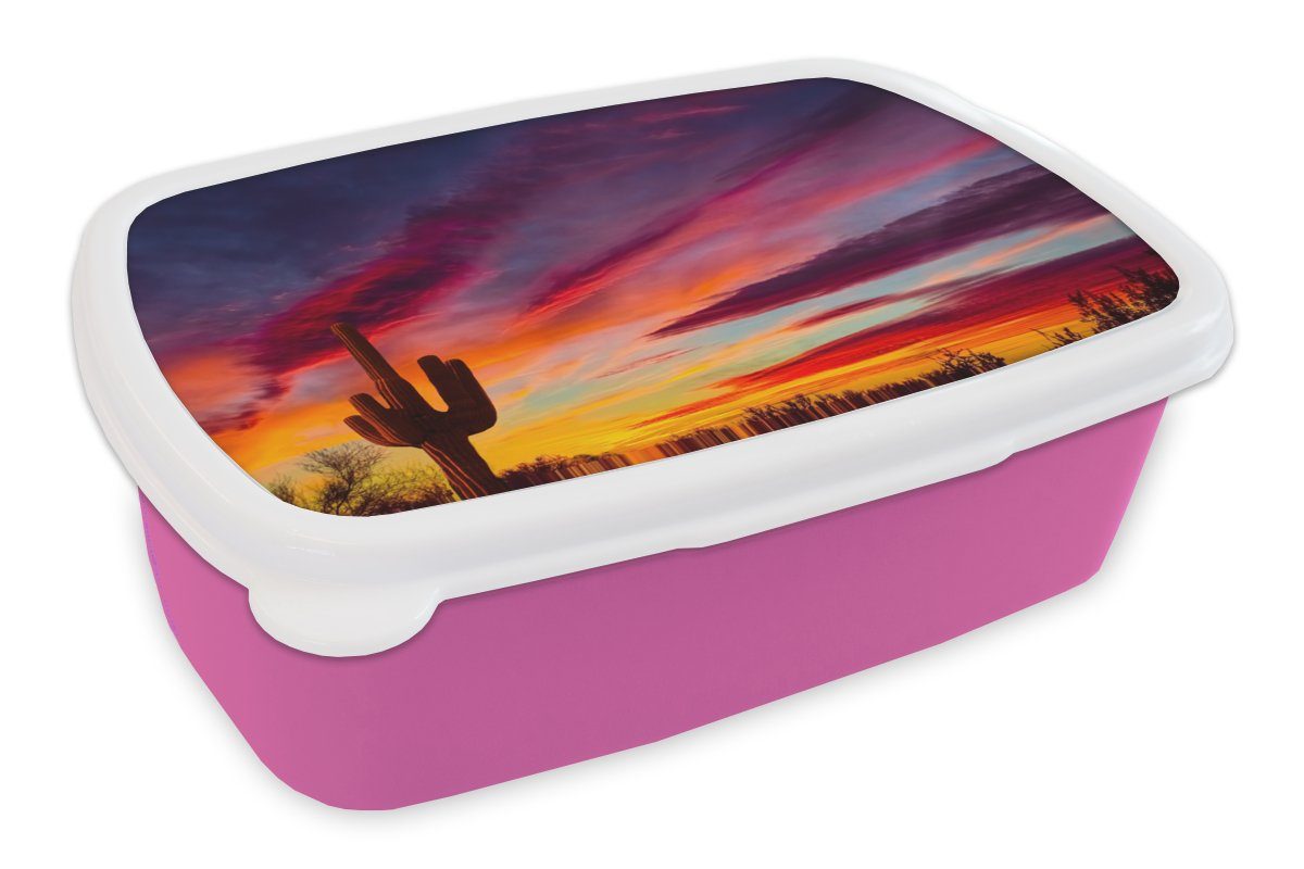 MuchoWow Lunchbox Kaktus - Himmel - Sonnenuntergang - Lila - Rosa, Kunststoff, (2-tlg), Brotbox für Erwachsene, Brotdose Kinder, Snackbox, Mädchen, Kunststoff