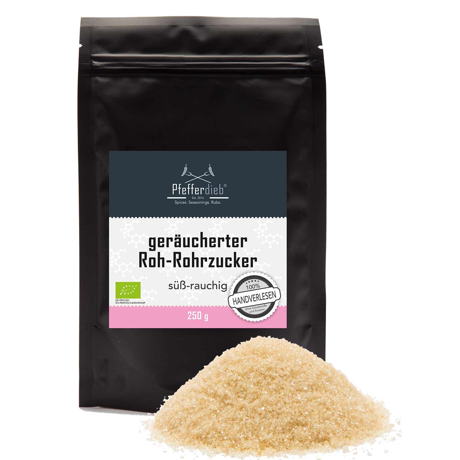 Pfefferdieb Zucker geräucherter Roh-Rohrzucker, BIO, 250g, Süß-rauchige Karamell-Note, die ein außergewöhnliches Aroma verleiht