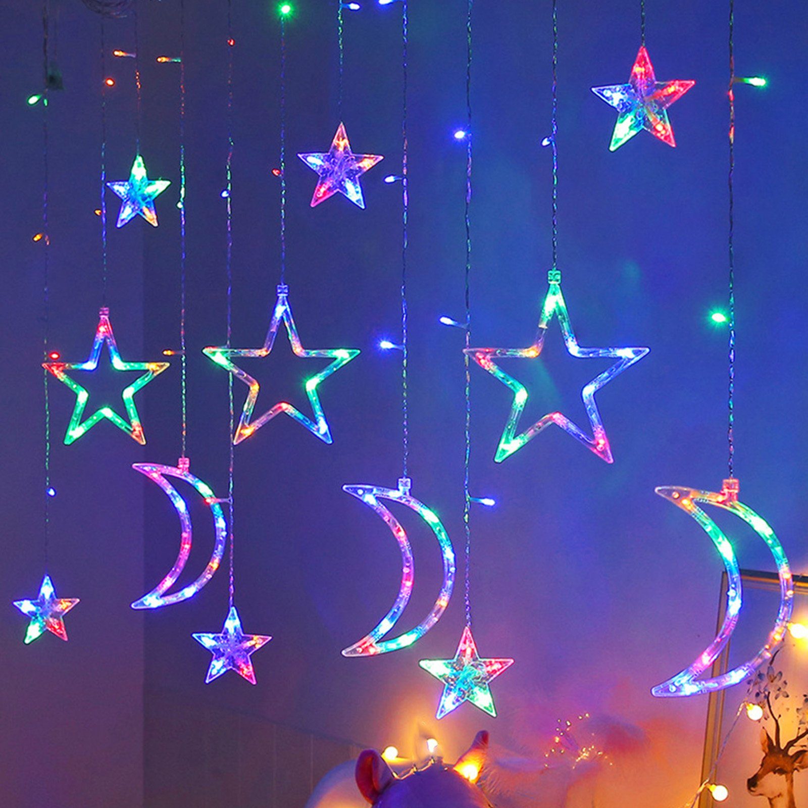 MUPOO Lichterkette LED Lichtervorhang Wohnzimmer Licht, 8 Mehrfarbig modi,IP44,120LEDs,für Außen Vorhang Party LED Lichterketten,3M Stern Weihnachten Innen Mond Deko