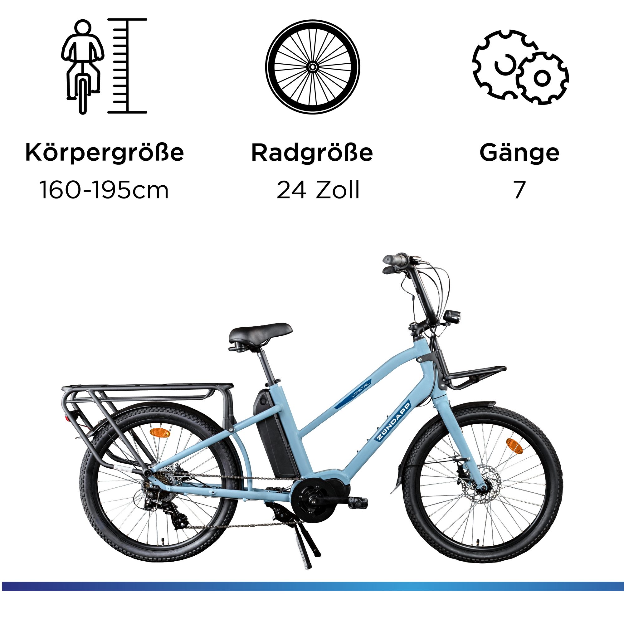Zündapp E-Bike Lastenrad Longtail M400, 7 Gang Shimano Altus Schaltwerk, Kettenschaltung, Mittelmotor, 468 Wh, E Bike Lastenrad bis 180 kg 24" Elektrofahrrad 160-195 cm Mittelmotor