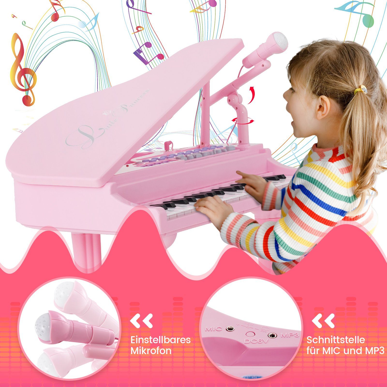COSTWAY Spielzeug-Musikinstrument 37 Tasten Keyboard, mit Hocker & Mikrofon – Bild 5 von 5