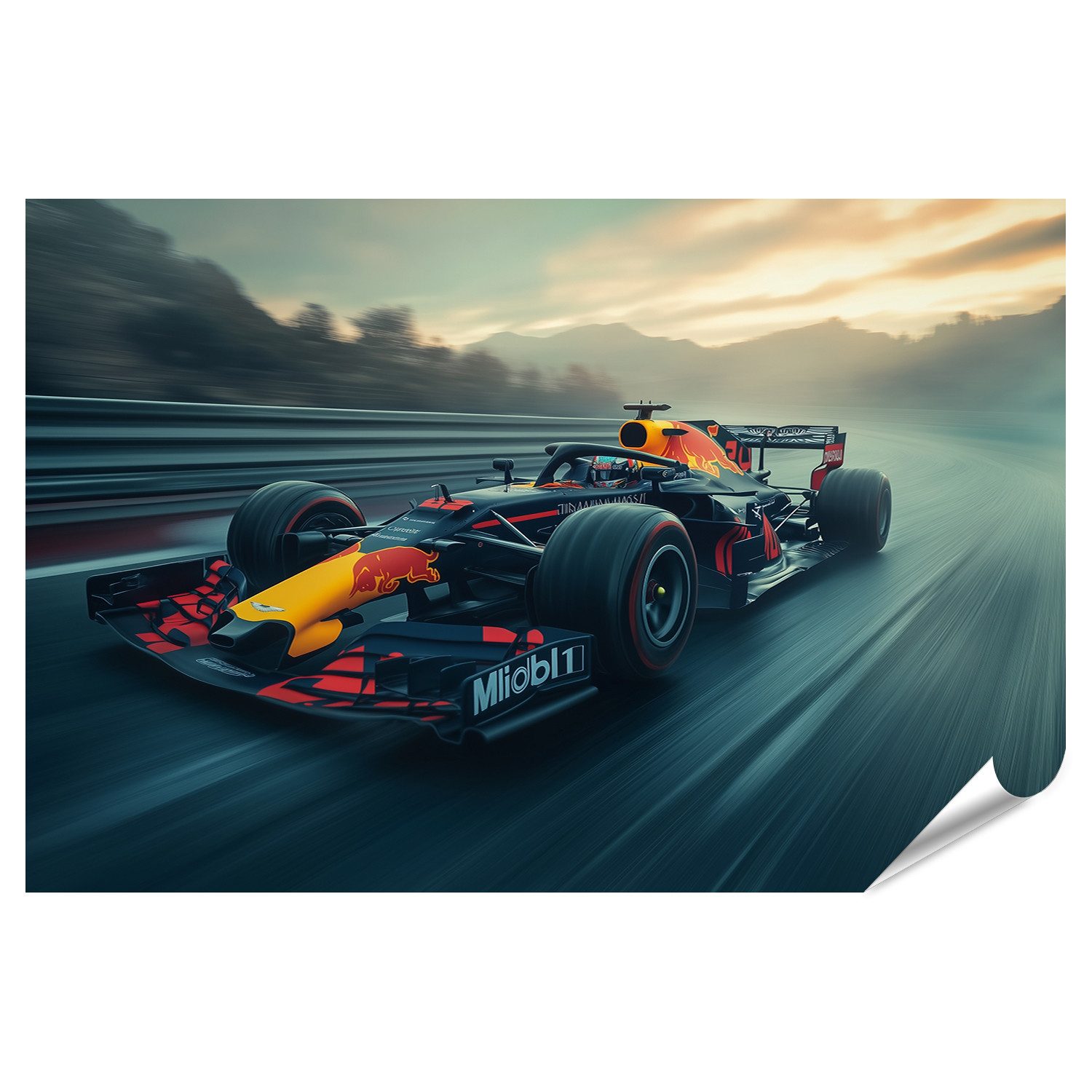 islandburner Leinwandbild, Formel Eins Auto bei Sonnenuntergang Rennen