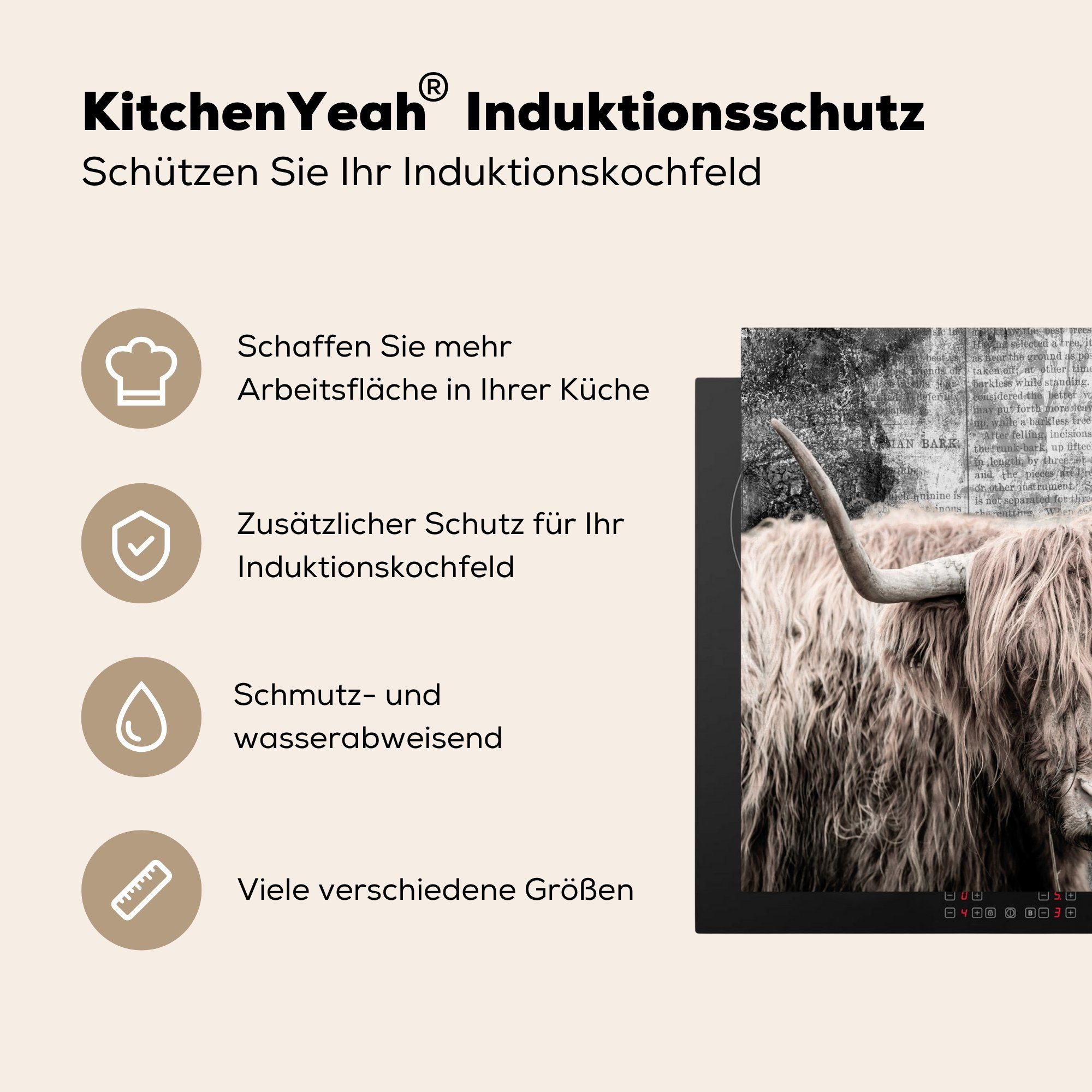 MuchoWow Herdblende-/Abdeckplatte Induktionsmatte Schottischer cm, 59x52 Zeitung die - Vinyl, küche, für Highlander Retro, - (1 tlg), Ceranfeldabdeckung