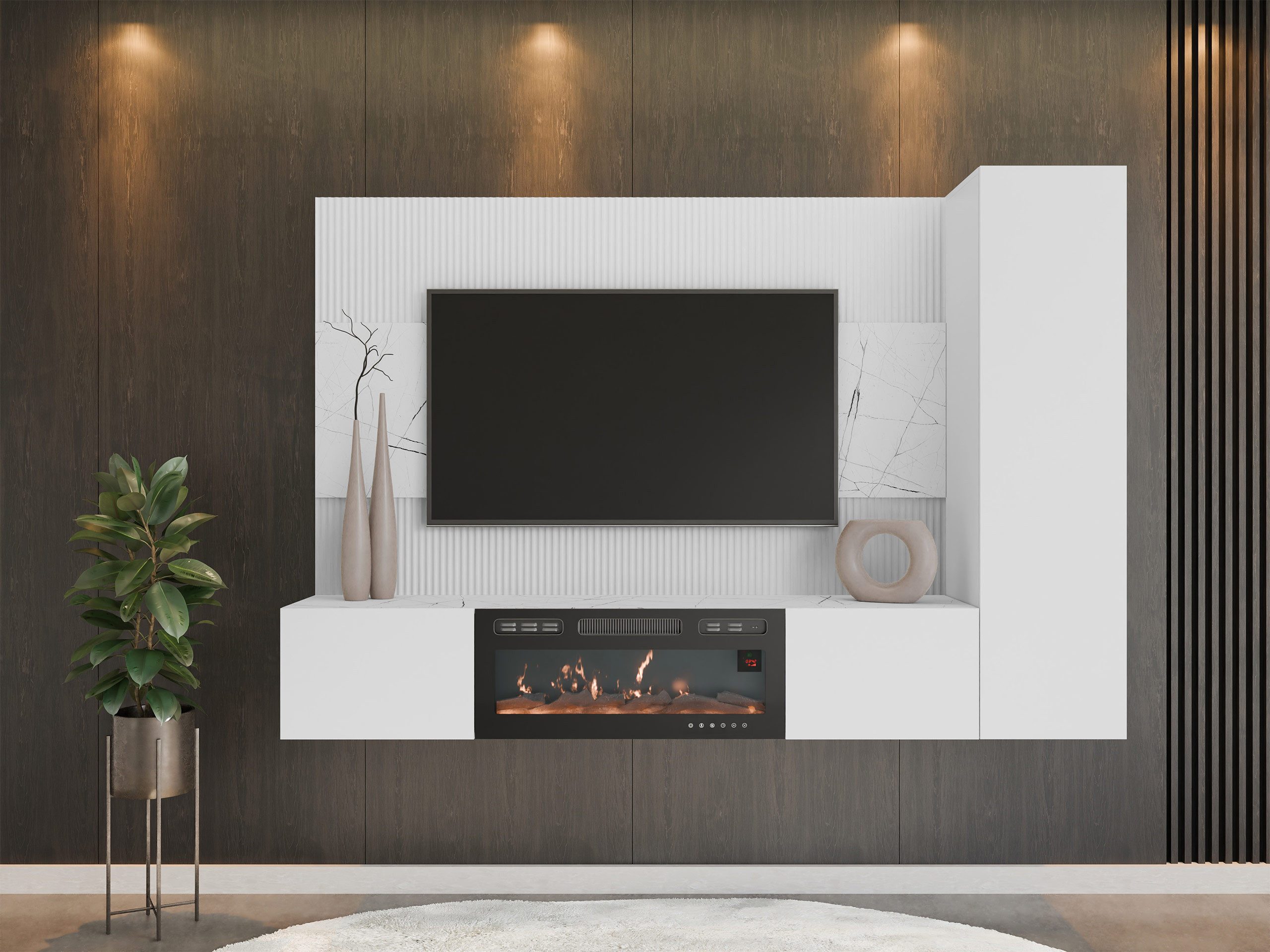 MIRJAN24 Wohnwand Deromi VI mit Kamin, (3er-Set, TV-Lowboard mit Wandpaneel, Hängeschrank), Push to open, Realistische LED-Flamme, Heizfunktion – Bild 3 von 5