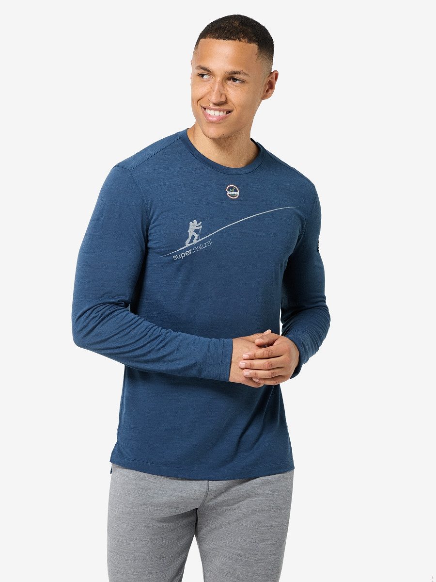 SUPER.NATURAL Langarmshirt für Herren, Merino M HZSG HAUTE ROUTE LS mit Ski-Motiv, atmungsaktiv