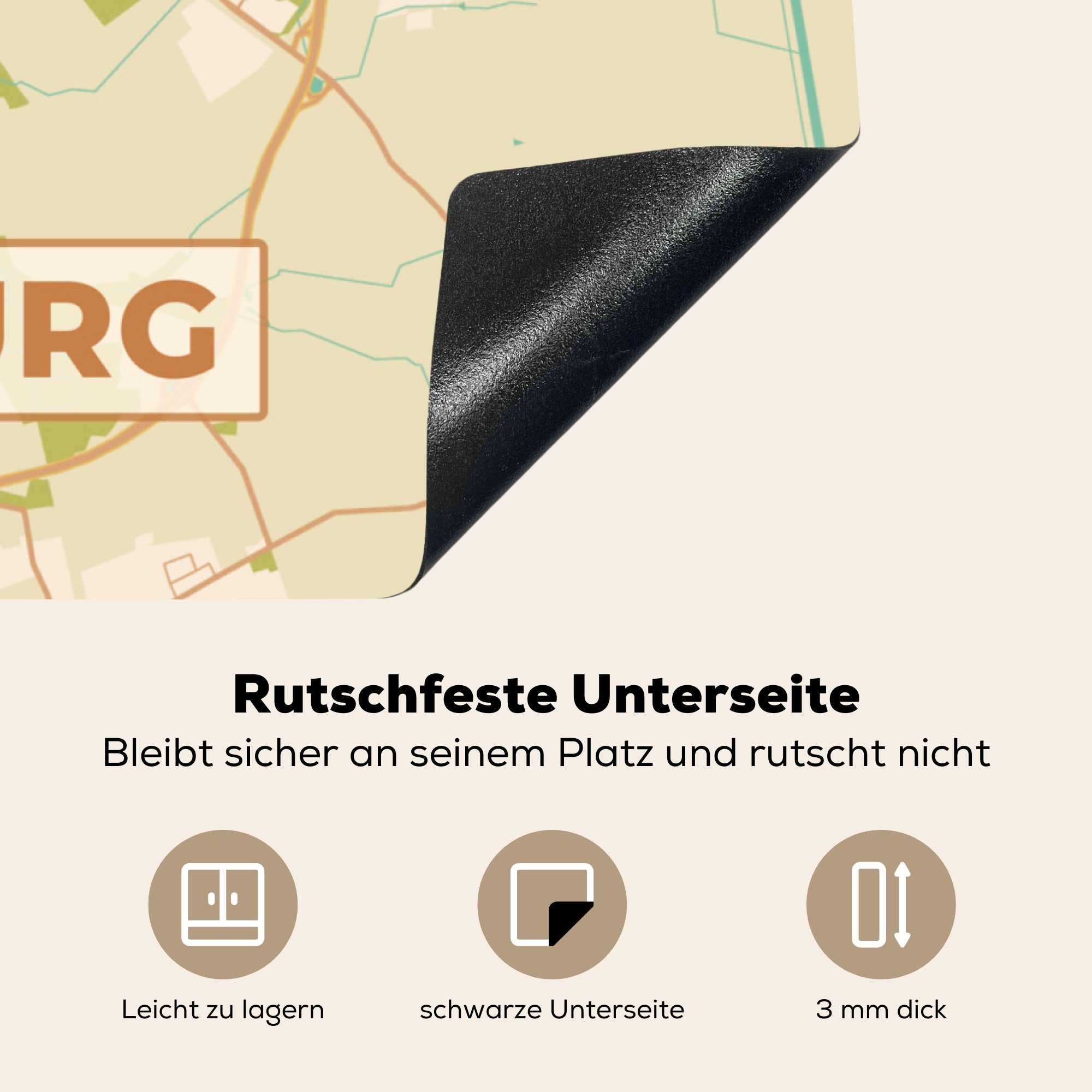 Vintage küche 78x78 Stadtplan, - Vinyl, Arbeitsplatte tlg), - für cm, Lüneburg (1 Herdblende-/Abdeckplatte Karte Ceranfeldabdeckung, - MuchoWow