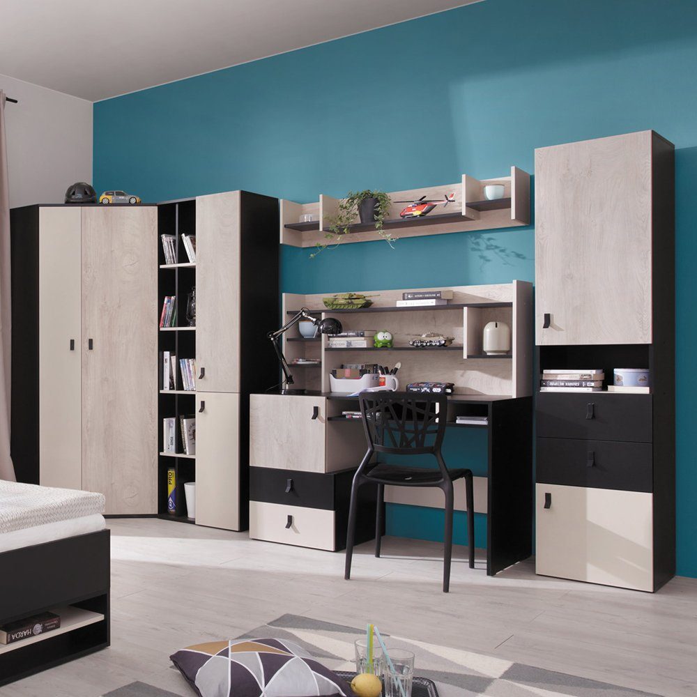 Lomadox Jugendzimmer-Set PITTSBURGH-133, (Sparset, 6-tlg), mit Schreibtisch & Eckkleiderschrank, schwarz/Eiche/beige