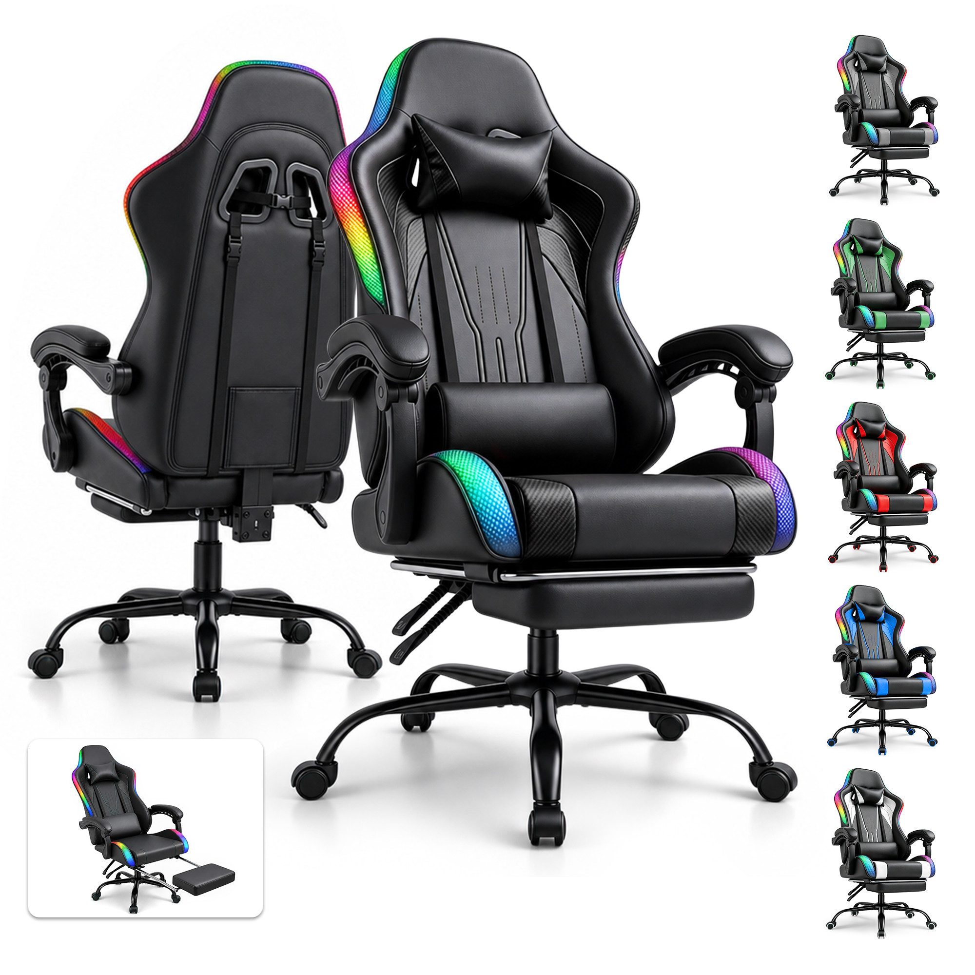 HOMALL Gaming-Stuhl mit LED,Ergonomisch,Fußstütze,computerstuhl,gaming stuhl mit massage, Ergonomischer Bürostuhl,Kopfstütze und Lendenstütze