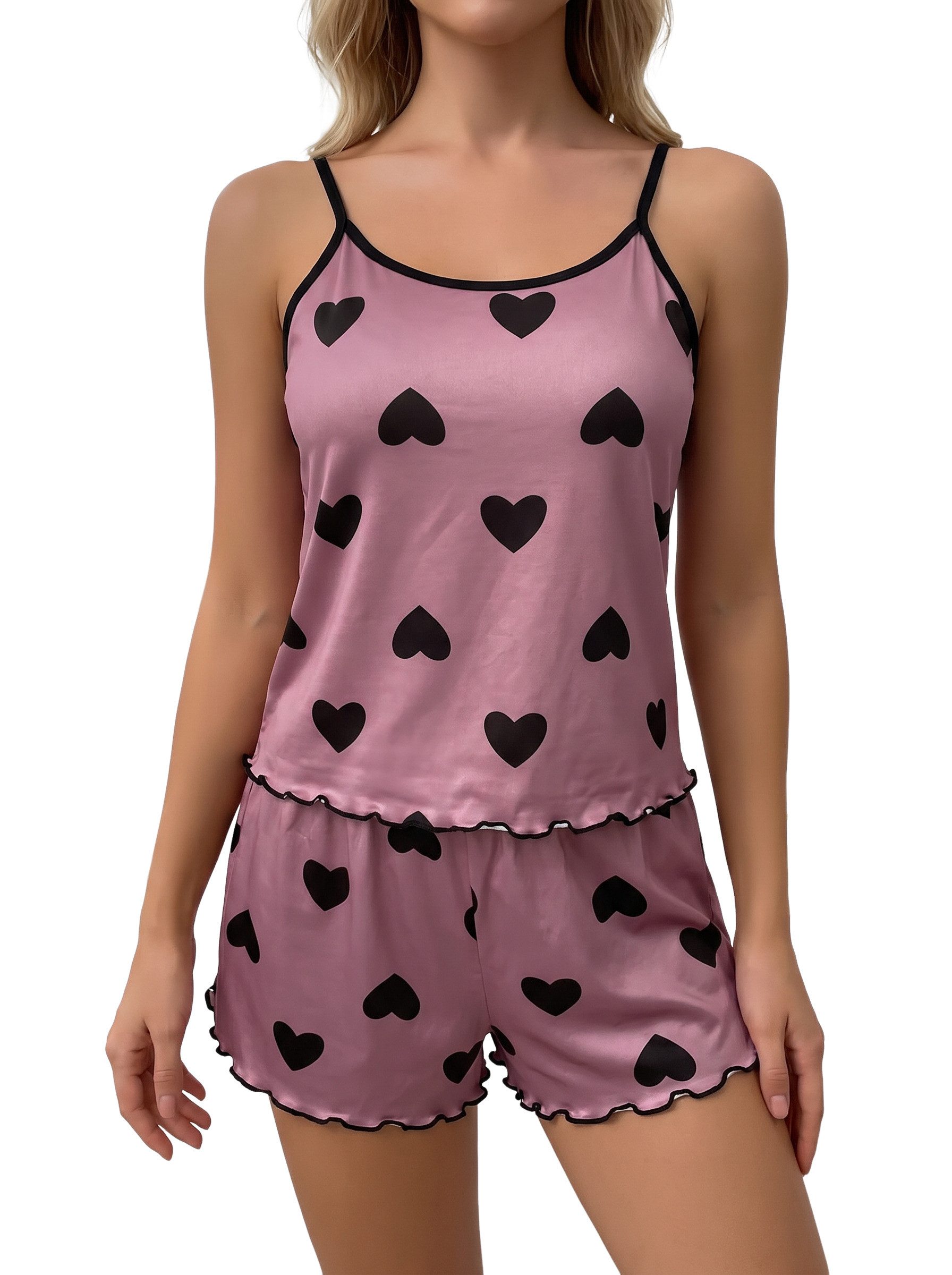 Lovolotti Pyjama Damen Schlafanzug mit Herz-Print, Zweiteiliges Pyjama-Set Spaghettiträgern und Shorts