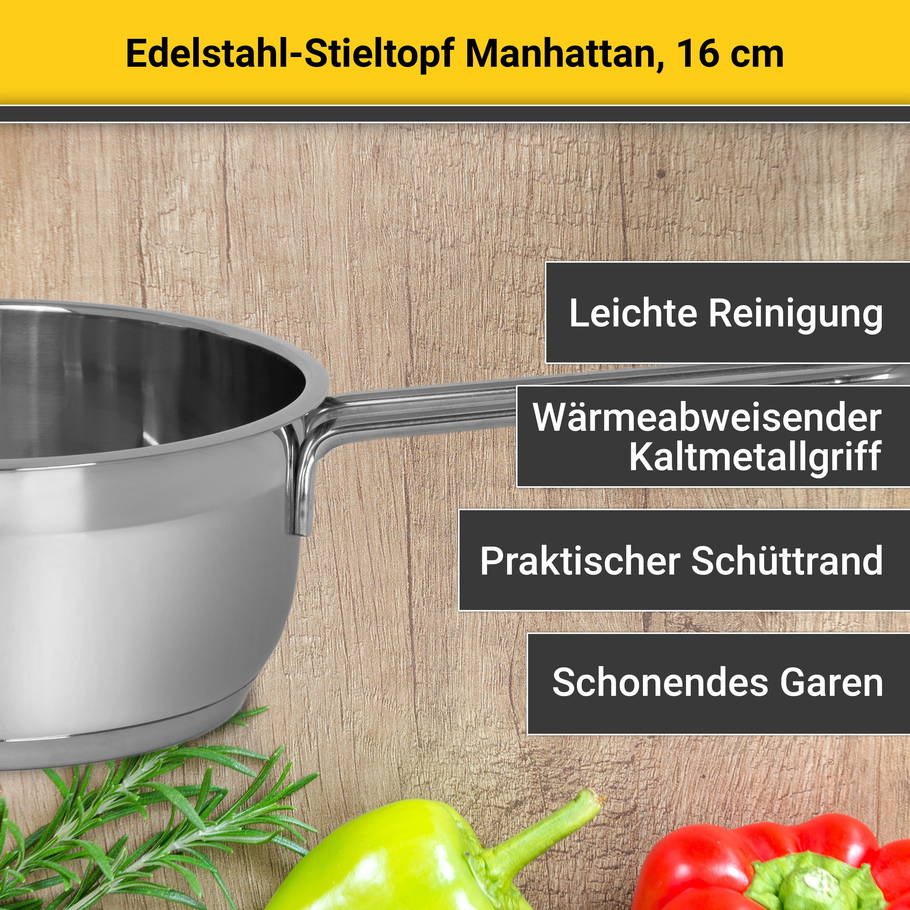 Krüger Kasserolle Edelstahl Stieltopf Manhattan, 16 cm, Edelstahl (1-tlg), für Induktions-Kochfelder geeignet