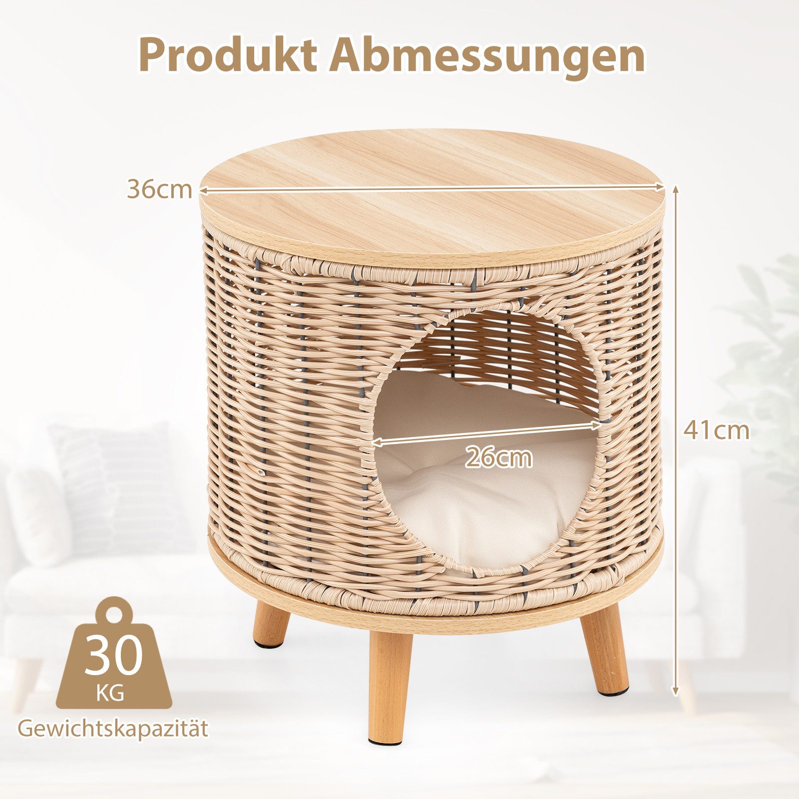 COSTWAY Tierhaus, Katzenhaus Rattan, 3 in 1 Katzenhöhle, Fußhocker, Nachttisch
