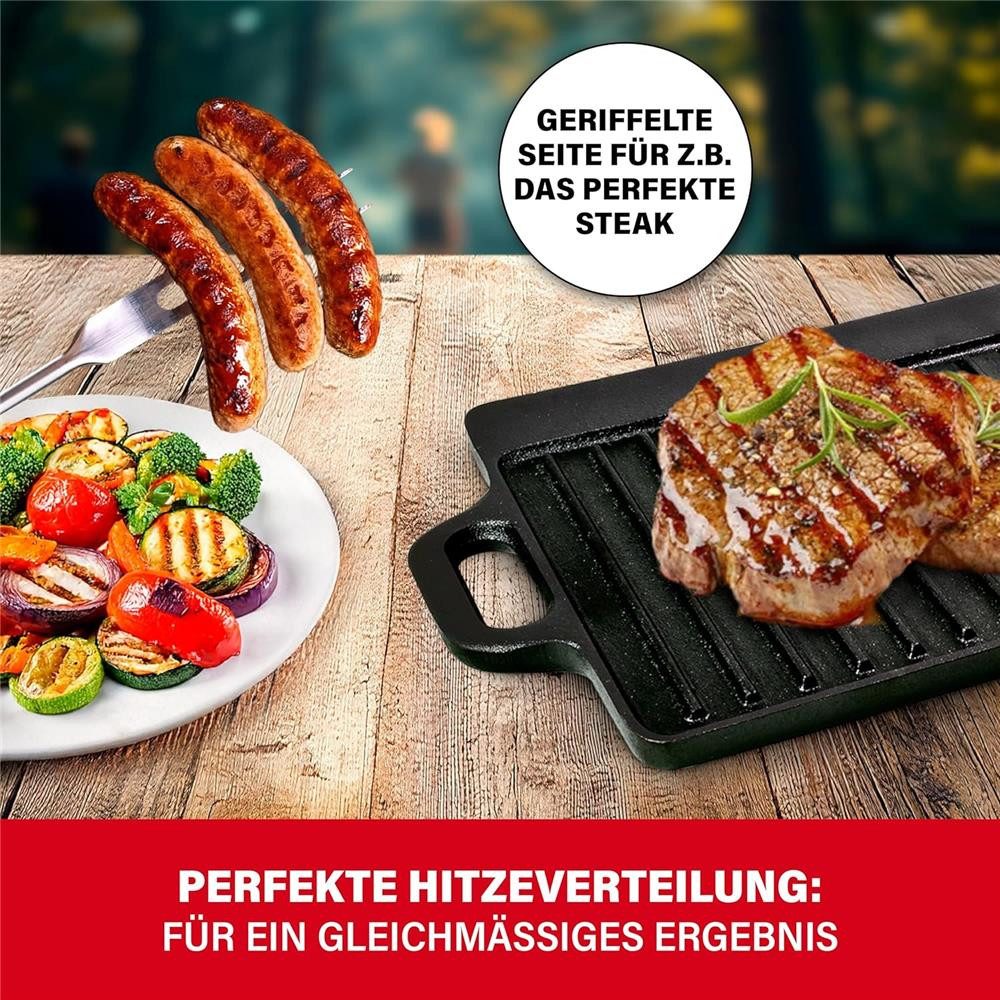 BBQ Boss Grillplatte "Kentucky" eckig 2 in 1 Gusseisern Gussplatte, 2-in-1 Wendeplatte mit geriffelter und glatter Seite