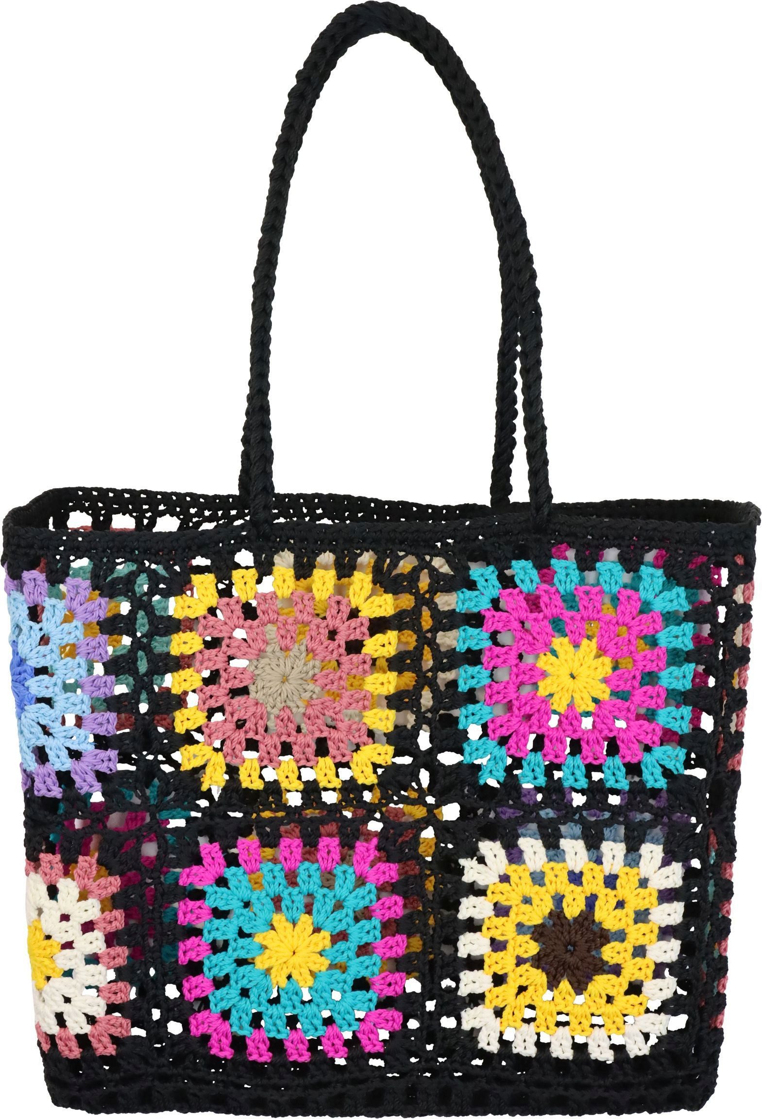 FURNARO Tragetasche, gehäkelte Tasche schwarz mit Blumen aus Baumwolle 40x33x18cm