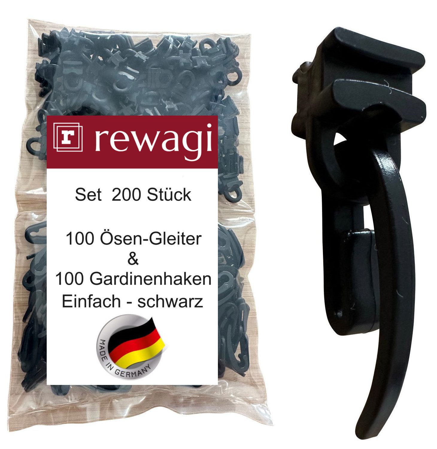 Gardinengleiter 100 Gardinenhaken Einfach & 100 Ösen-Gleiter SUW für Gardinenschiene, rewagi, Gardinenschiene, Gardinenleiste - Laufnut, Spurbreite 6 mm, Farbe: weiss, schwarz