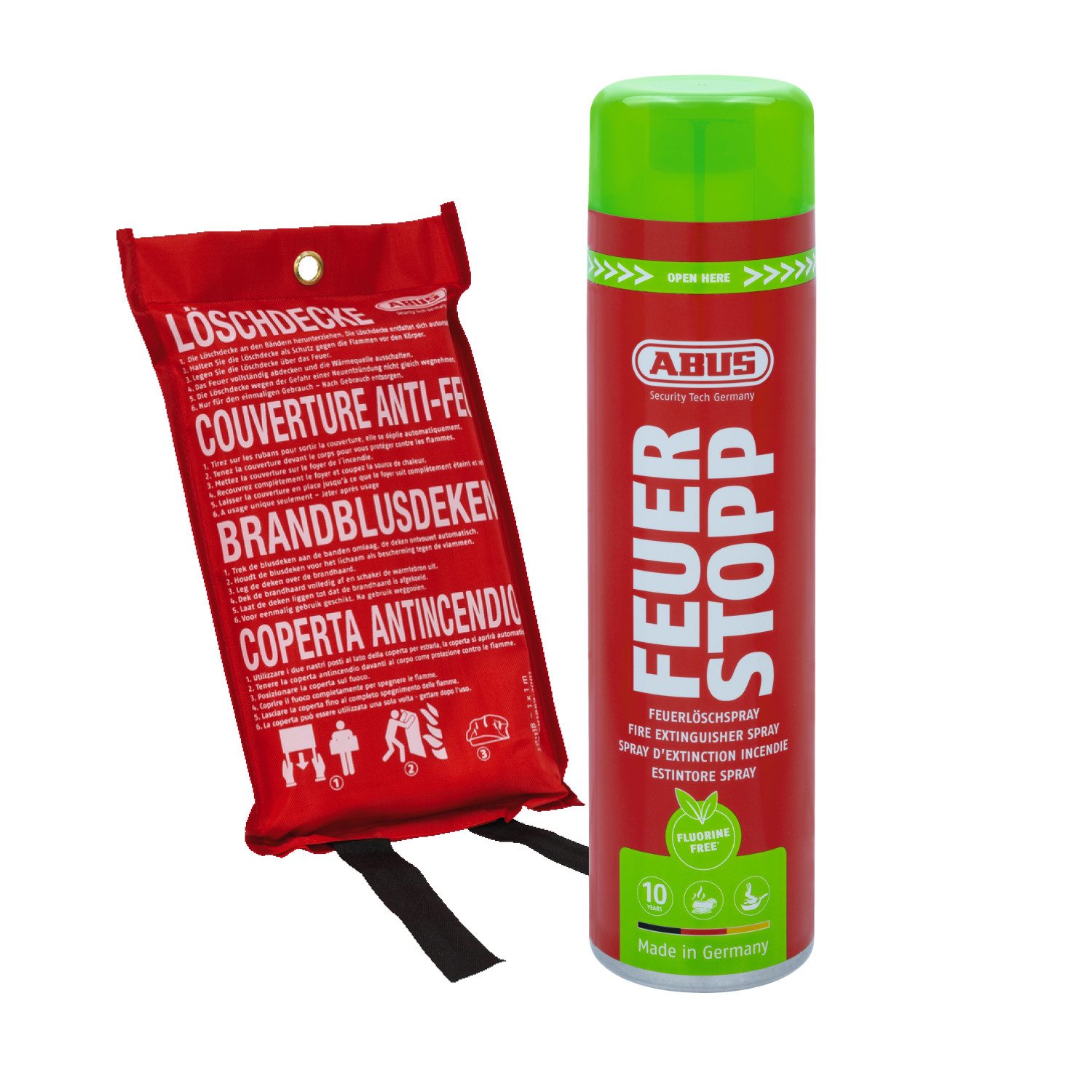 ABUS Feuerlöschspray Feuerstopp AFS625 + Löschdecke, lange haltbar -Made in Germany- für Haushalt, Küche, Camper und Grill