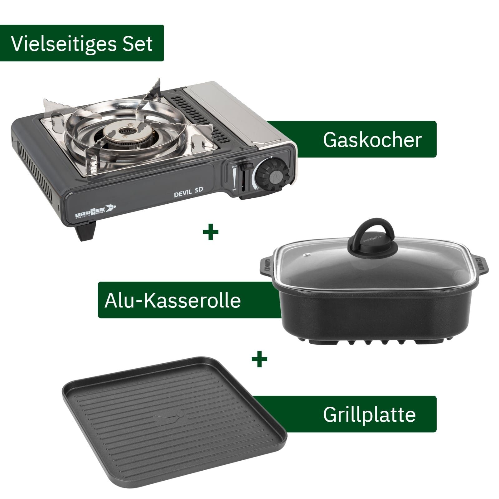 BRUNNER Gaskocher BRUNNER DEVIL SD NG Camping Gaskocher Set Zündsicherung, Vielseitig, (Gaskocher + Grillplatte + Alu-Kasserolle)