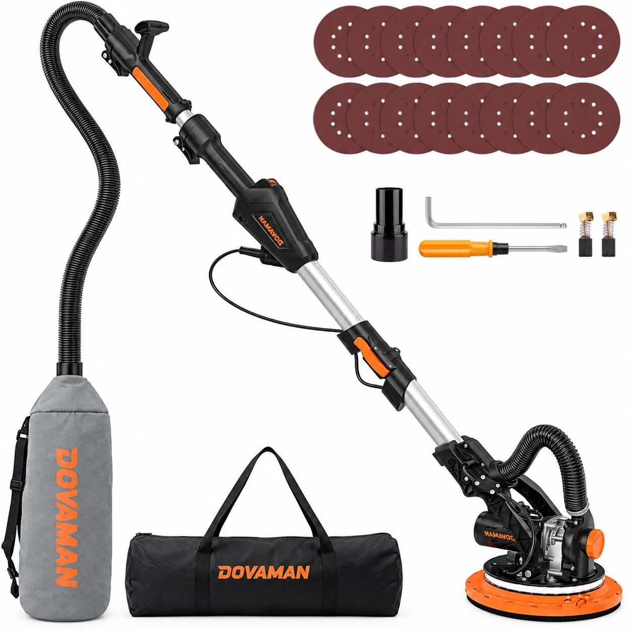 DOVAMAN Trockenbauschleifer Langhalsschleifer 900W, 220mm, inkl. Staubabsaugung & LED-Beleuchtung, max. 1800 U/min, Für Wände & Decken, variable Geschwindigkeit 900-1800 U/min