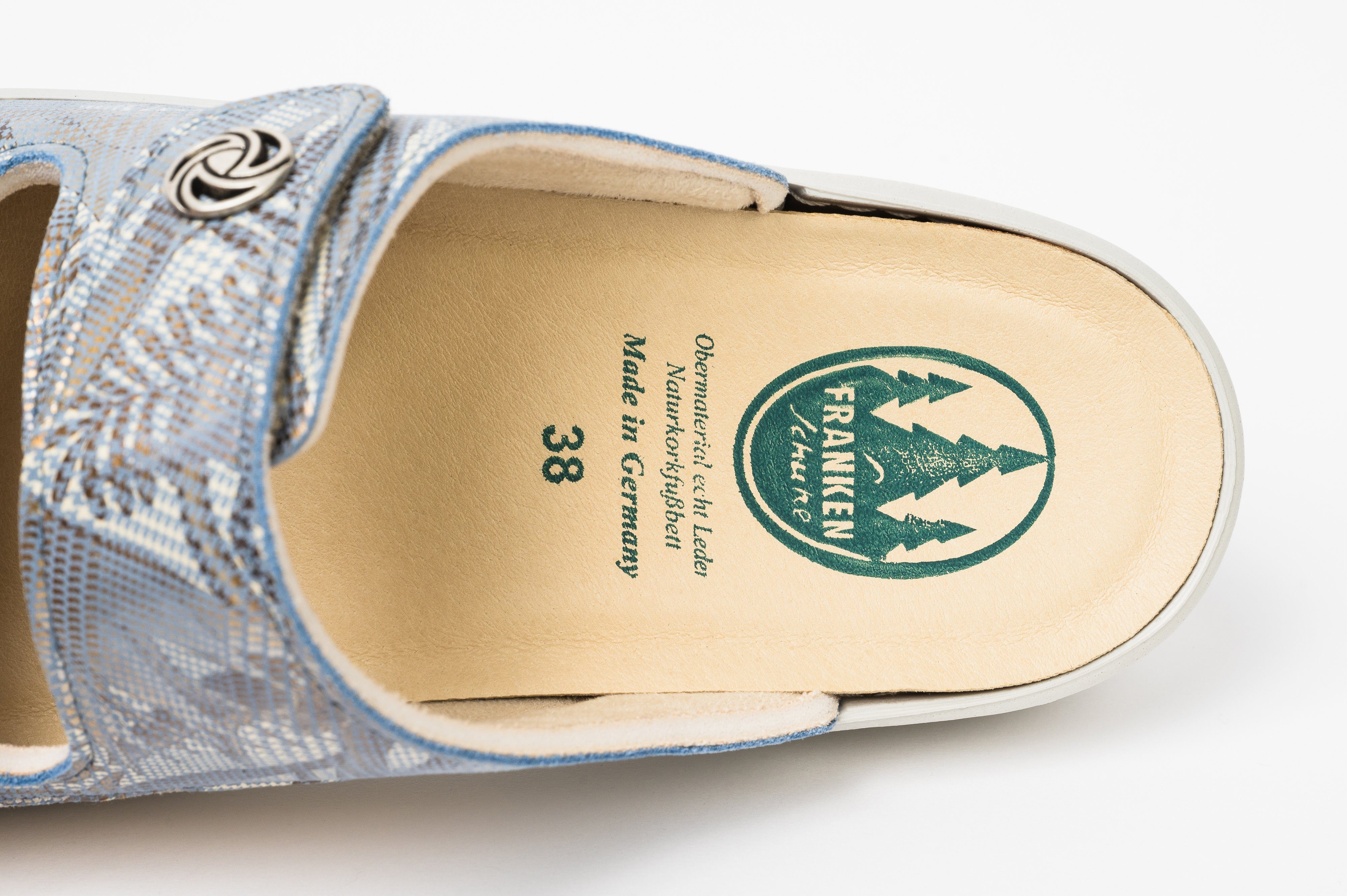 Franken-Schuhe "K) Franken Hallux und W39 250 (mit STRETCH Made Pantolette Einlage Weite in Germany Valgus, safir bei Schuhe geeignet Damen loser