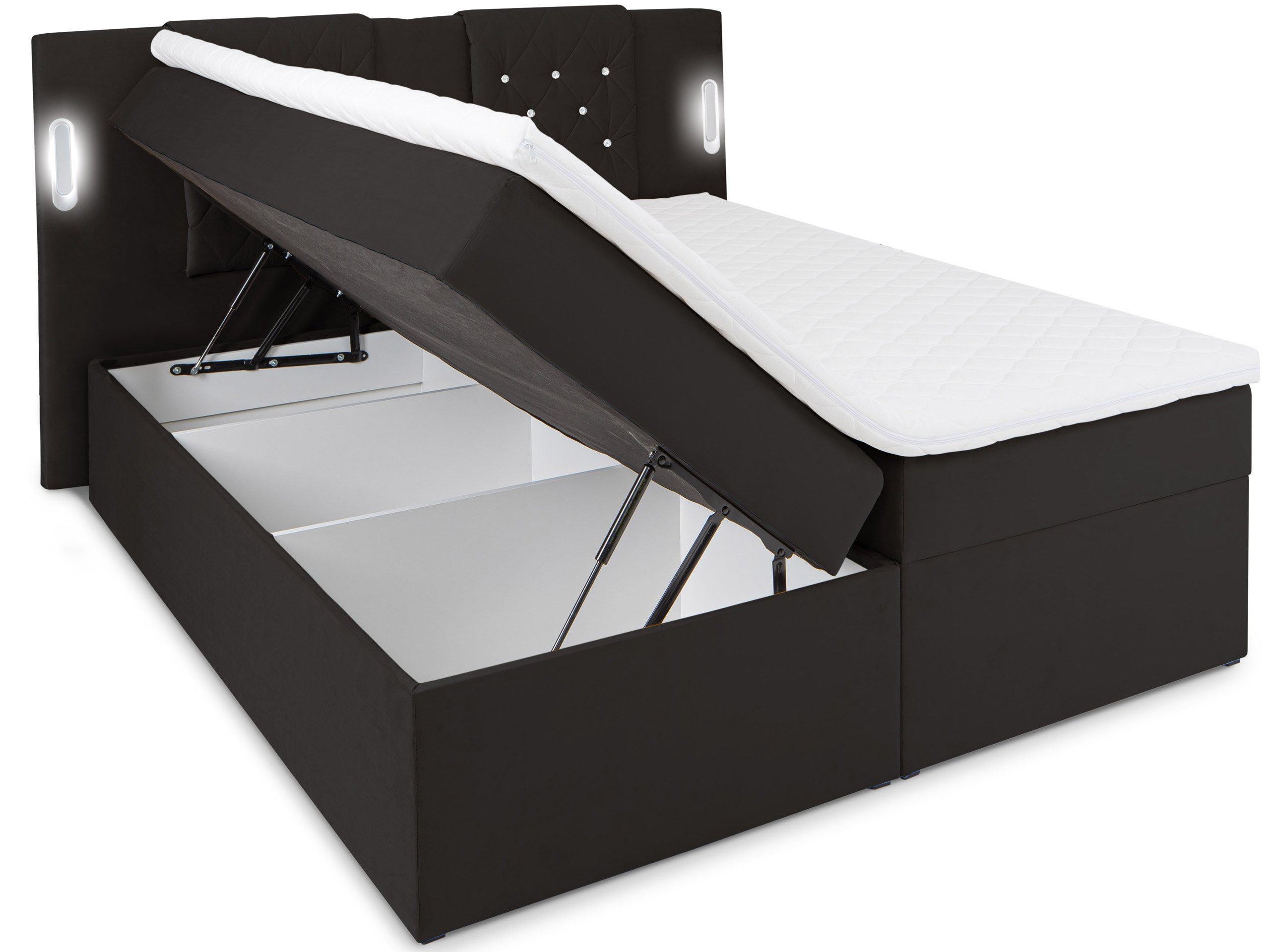 wonello Boxspringbett Nizza, mit Bettkasten, LED-Licht und Kristallen, wahlweise mit Nachttischen schwarz