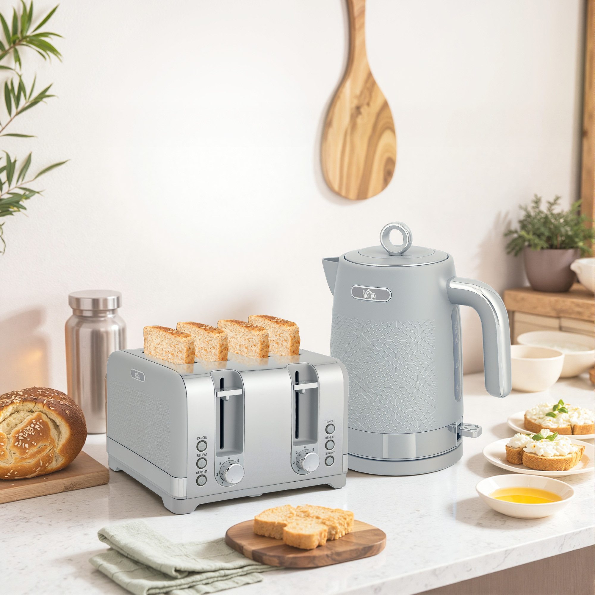 HOMCOM Frühstücks-Set 2200W Schnell, Kalkfilter, 7 Bräunungsstufen, Krümelfach, Grau (2-tlg), 4-Scheiben-Toaster, 1,7L Wasserkocher