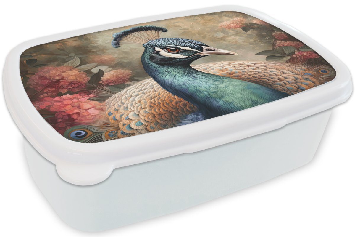 MuchoWow Lunchbox Pfau - Brotbox für Vogel weiß Mädchen Pflanzen Kunststoff, - Jungs und Erwachsene, - Kinder Pfauenfedern, (2-tlg), Brotdose, für und