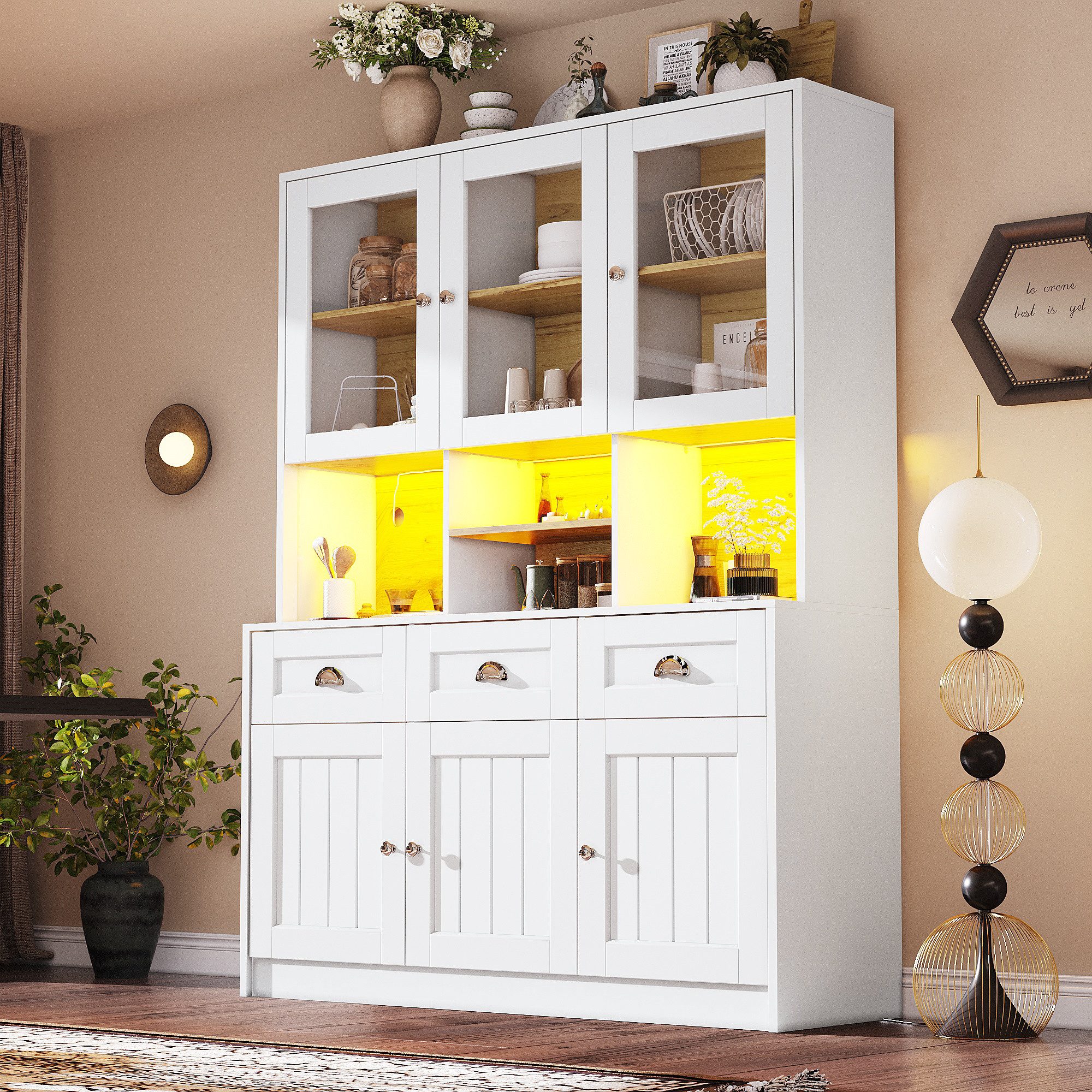 Odikalo Küchenbuffet Küchenschrank Anrichte Hochschrank Sideboard Ablagen Schwarz Weiß 140×40×175cm