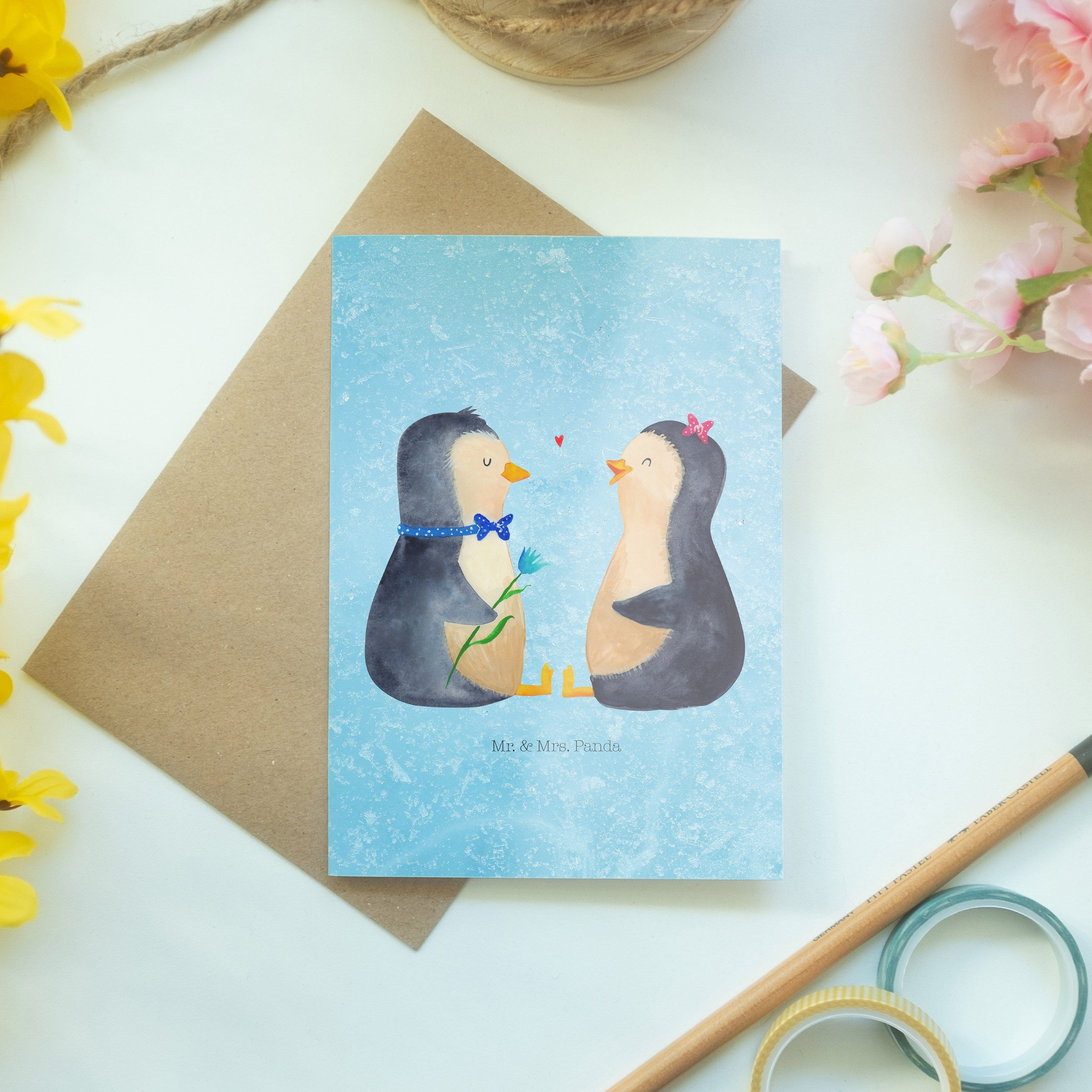 Einladungskarte, Pinguin - Liebesbeweis Grußkarte Geschenk, Panda Mr. Mrs. - & Eisblau Pärchen