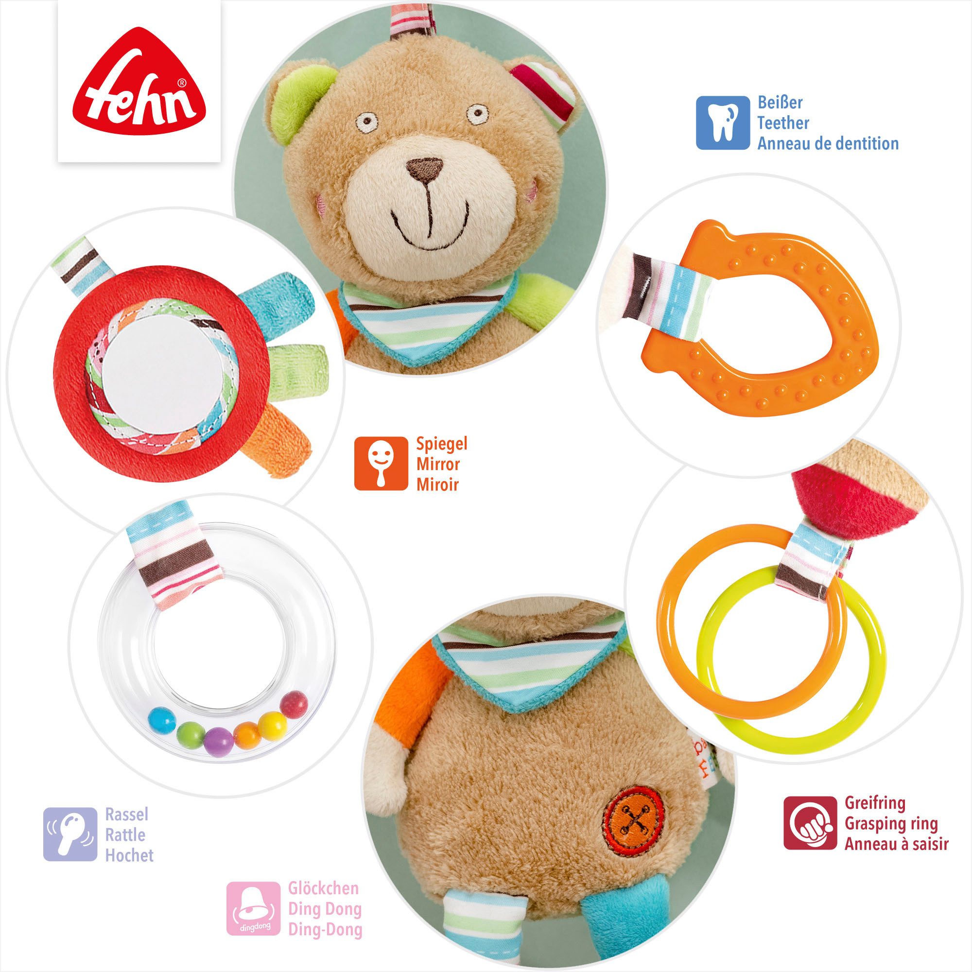 Fehn Greifspielzeug Classic Stars, Activity-Teddy, inklusive Befestigung