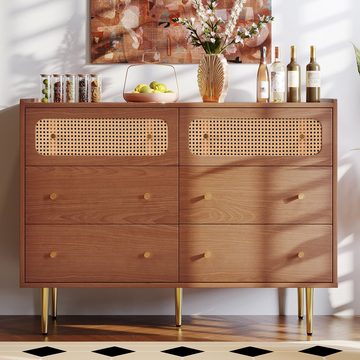 WISHDOR Kommode Beistellschrank Schubladenschrank Sideboard Anrichte Schrank Rattan (Schubladenkommode mit 6 Schubladen aus Massivholz Holz Füße aus Metall), Wohnzimmer Schlafzimmer Flur Büro Esszimmer